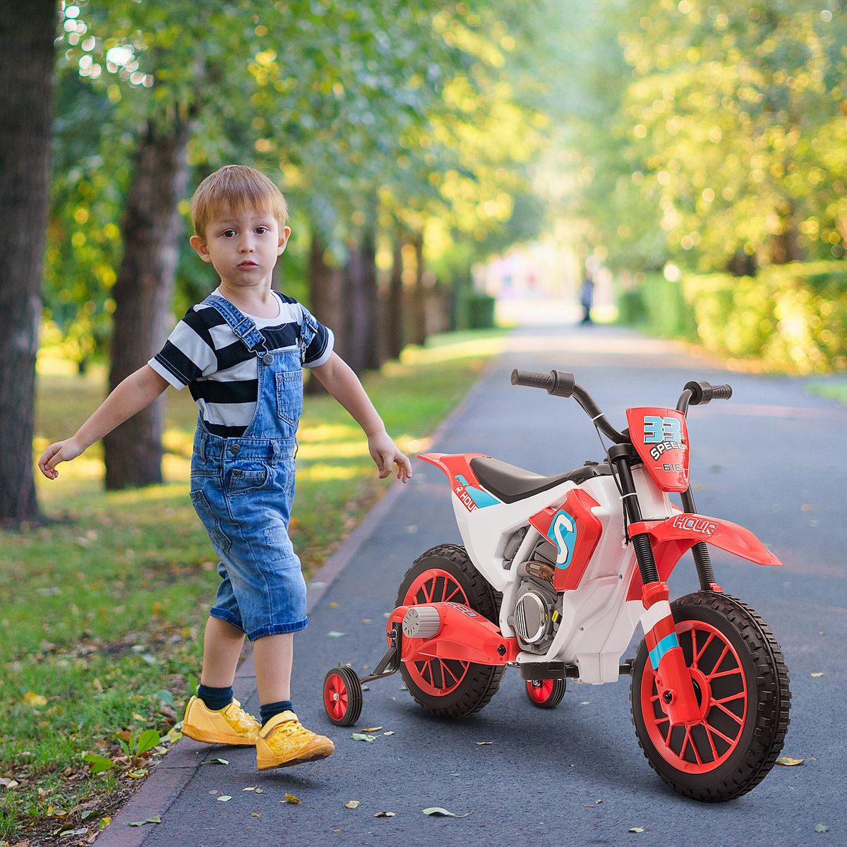 HOMCOM Moto cross électrique enfant 3 à 5 ans 12 V 3-8 Km/h  avec roulettes latérales amovibles dim. 106,5L x 51,5l x 68H cm rouge