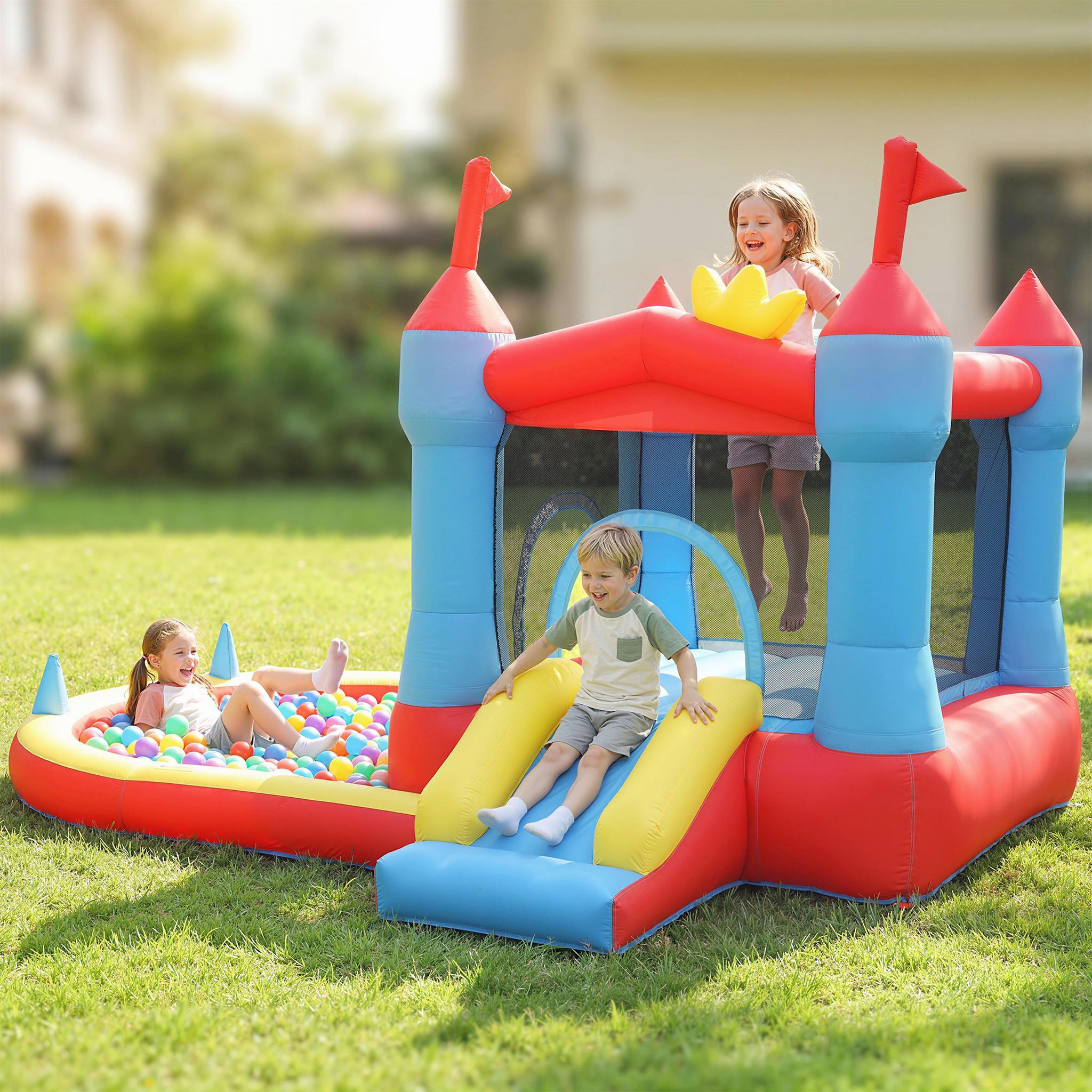 Voir la diapositive 6 : HOMCOM Château gonflable 4 en 1 piscine toboggan trampoline panier de basket