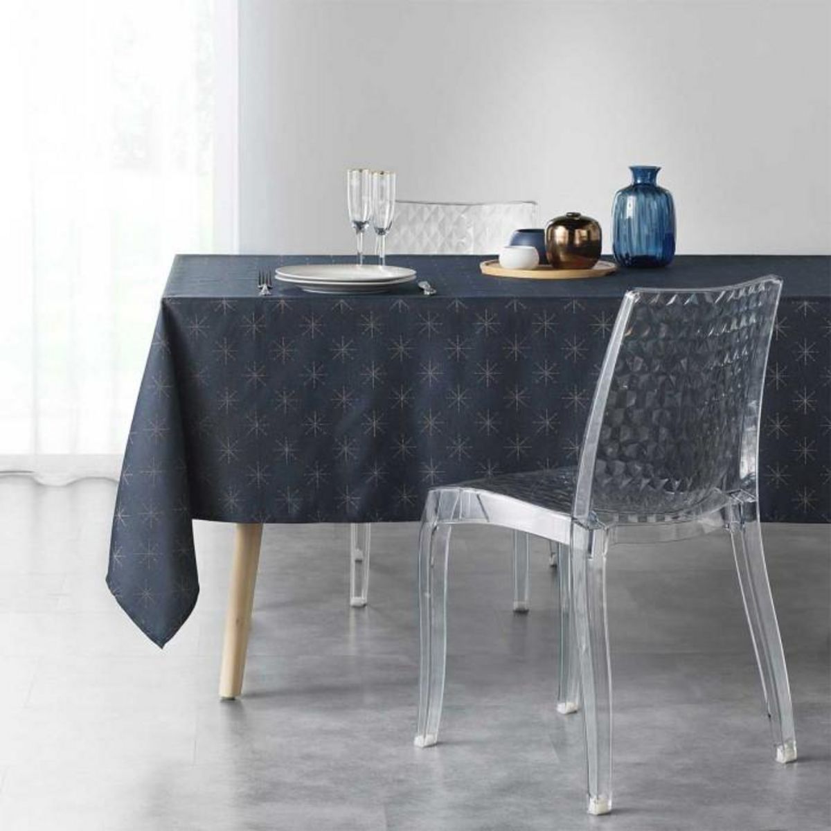 Paris Prix Nappe Imprimée Jacquard  Étoiles  140x240cm Bleu