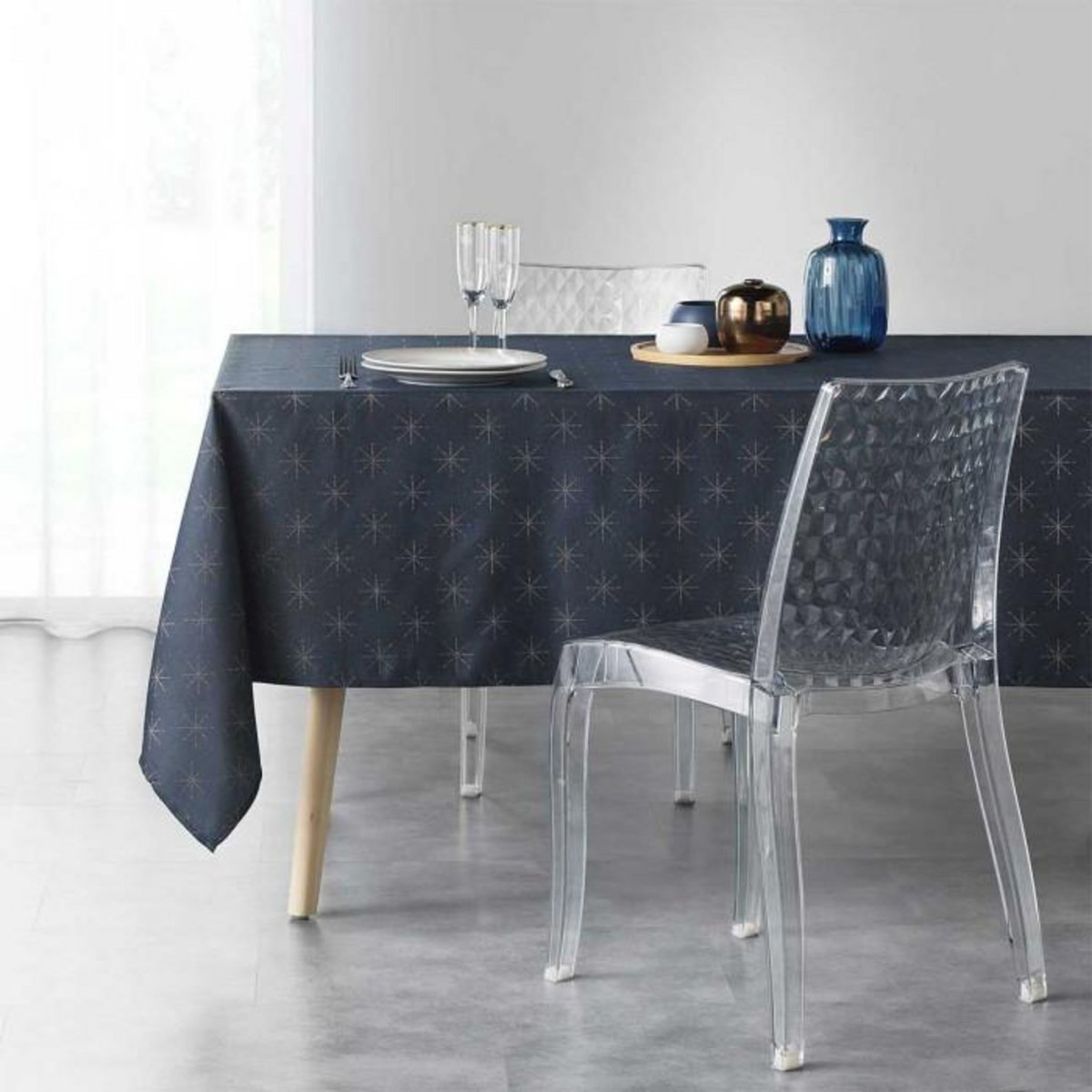 Paris Prix Nappe Imprimée Jacquard  Étoiles  140x240cm Bleu