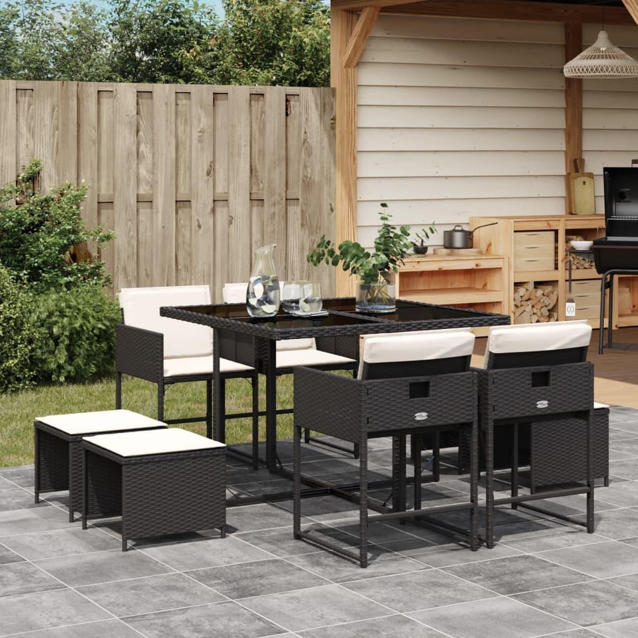 VIDAXL Ensemble a manger de jardin 9pcs coussins noir resine tressee