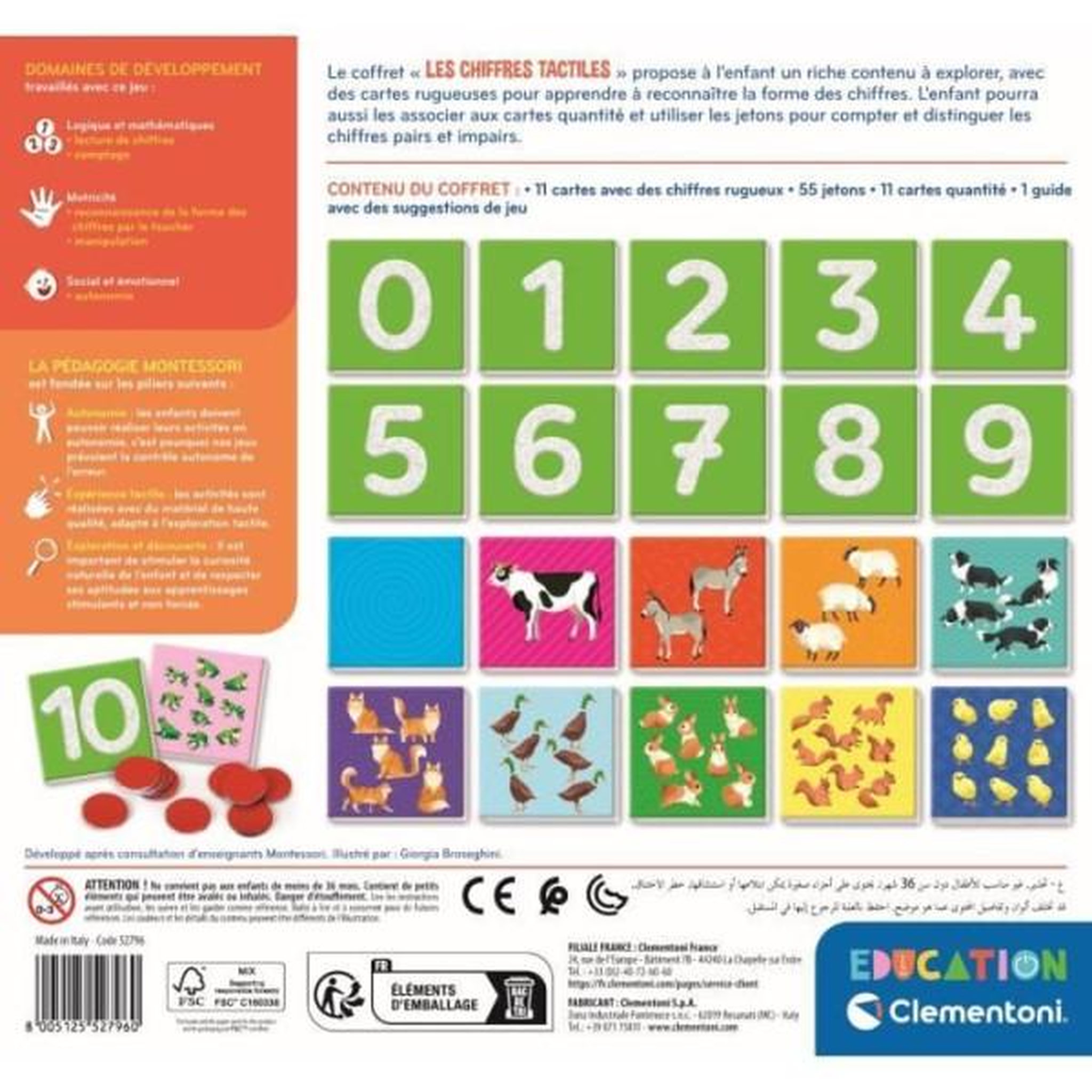 Voir la diapositive 5 : CLEMENTONI Montessori - Clementoni - Les chiffres tactiles - Jeu éducatif apprentissage des chiffres - 10 cartes chiffres rugueux - Dés 3