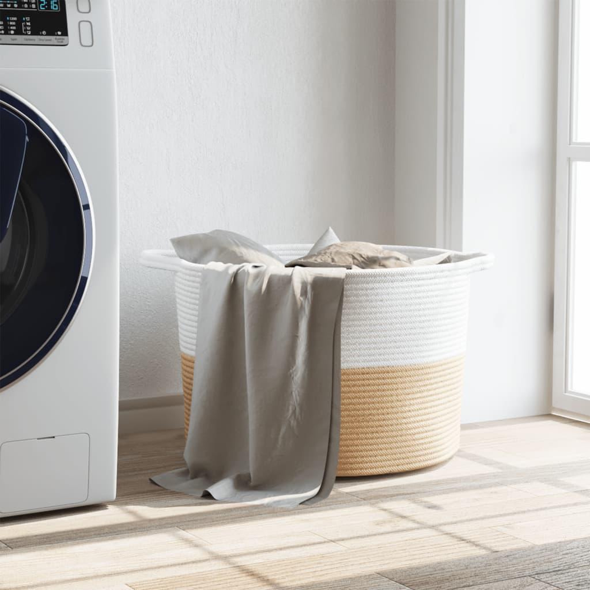 Voir la diapositive 3 : VIDAXL Panier a linge beige et blanc Ø55x36 cm coton