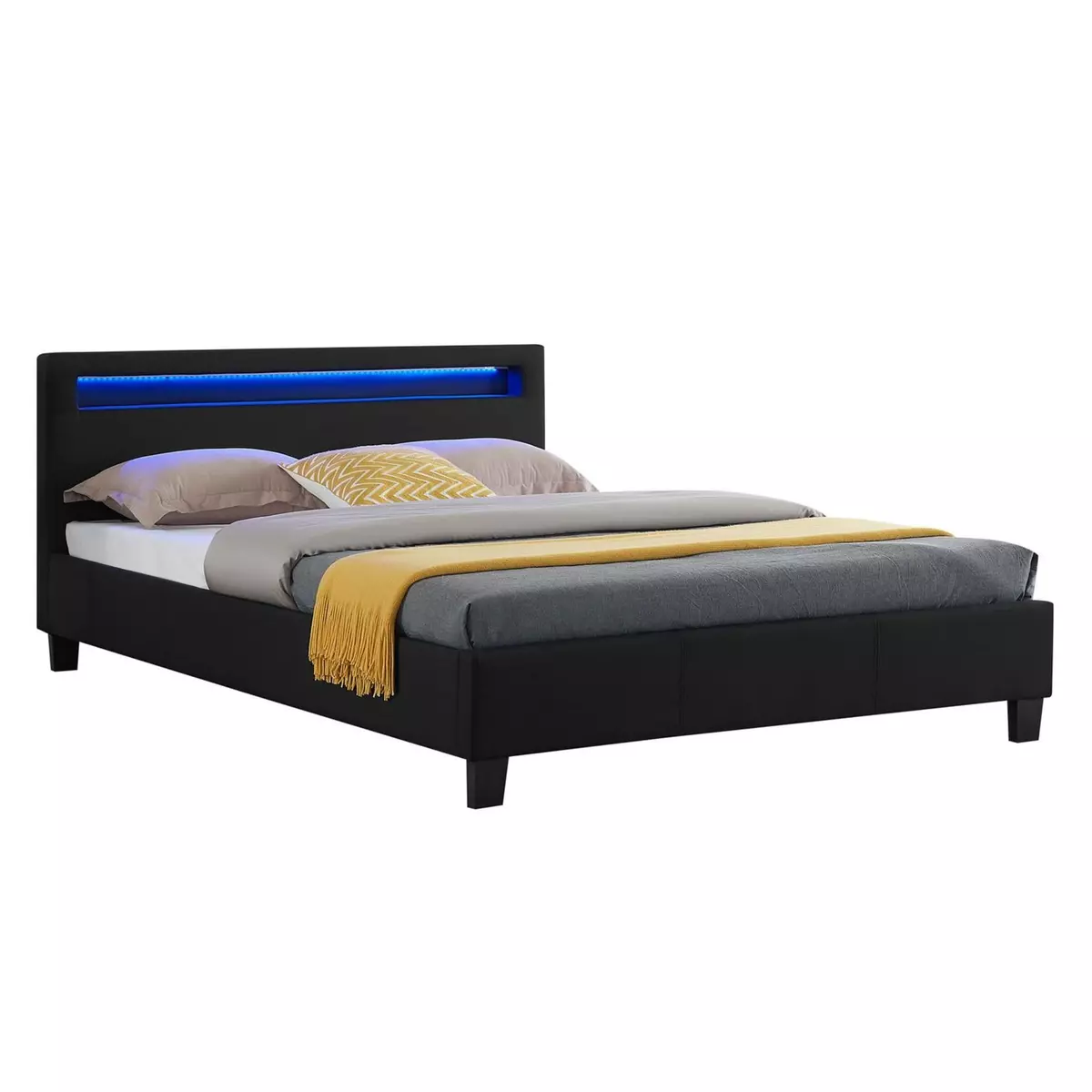 IDIMEX Lit LED double 140x190 cm avec sommier, tête de lit confortable, lit 1 place revêtement en tissu noir, RIOJA