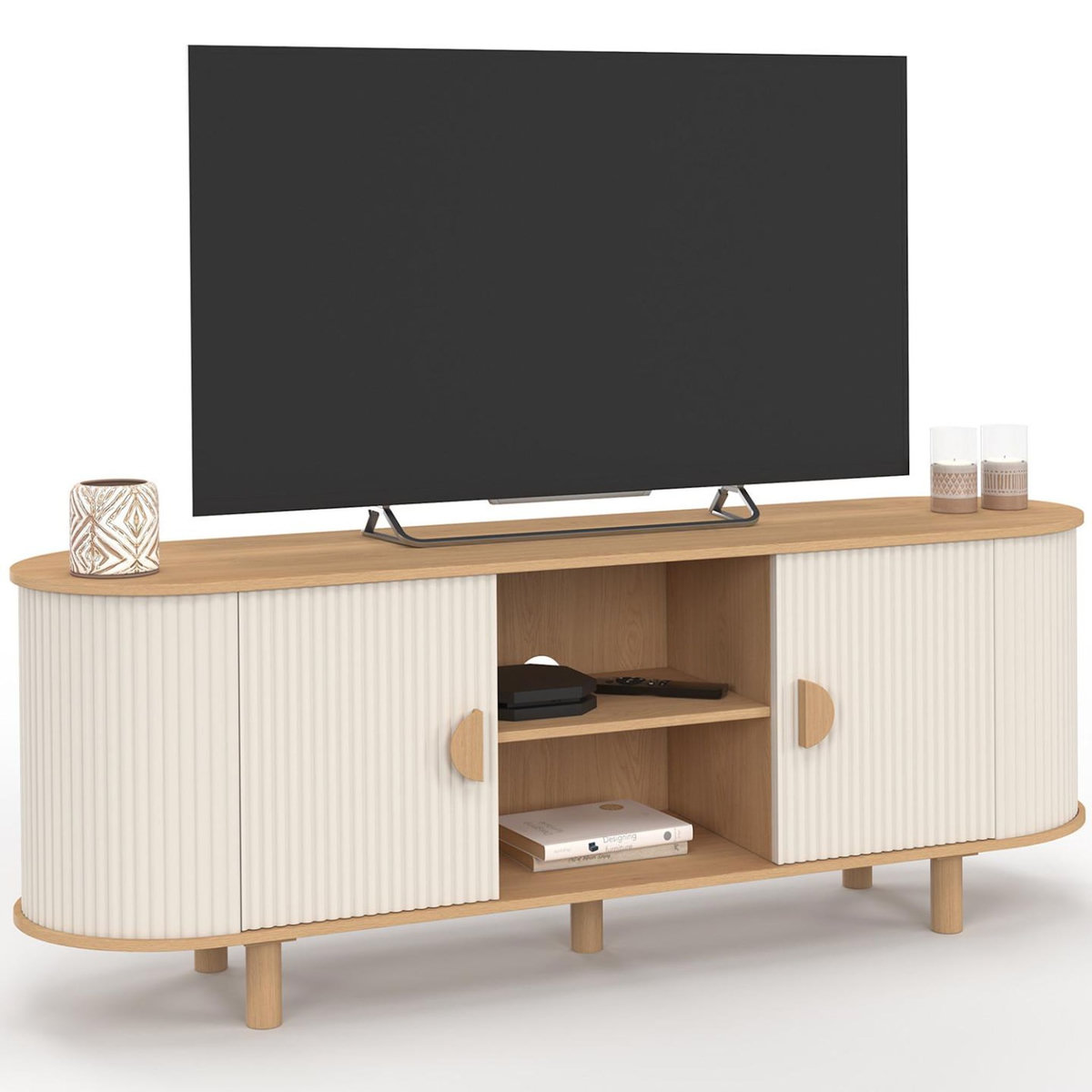 ID MARKET Meuble TV 140 cm KANEL 2 portes effet cannelé beige et bois