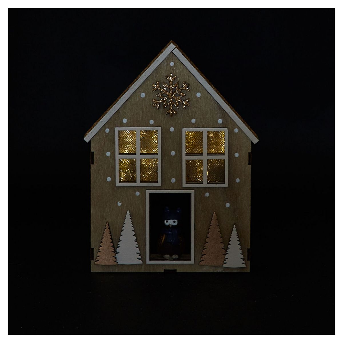 ACTUEL Maison en bois décorative avec chouette 19 cm