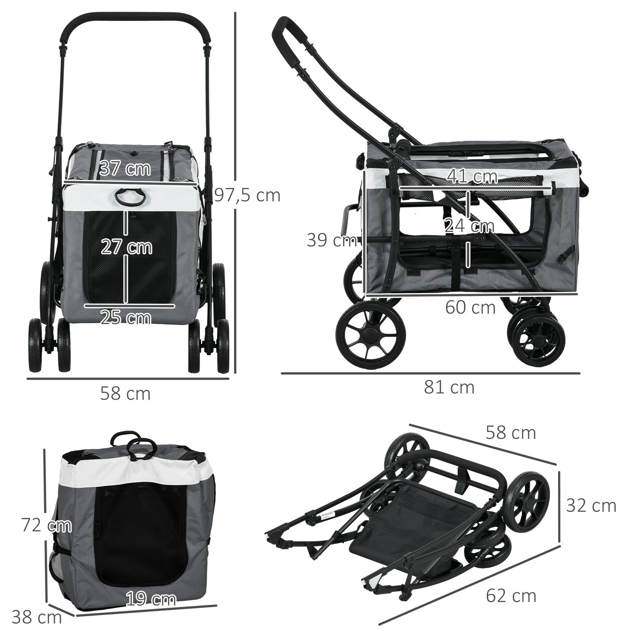 Voir la diapositive 3 : PAWHUT Poussette pliable animaux chien chat nacelle amovible 4 roues gris