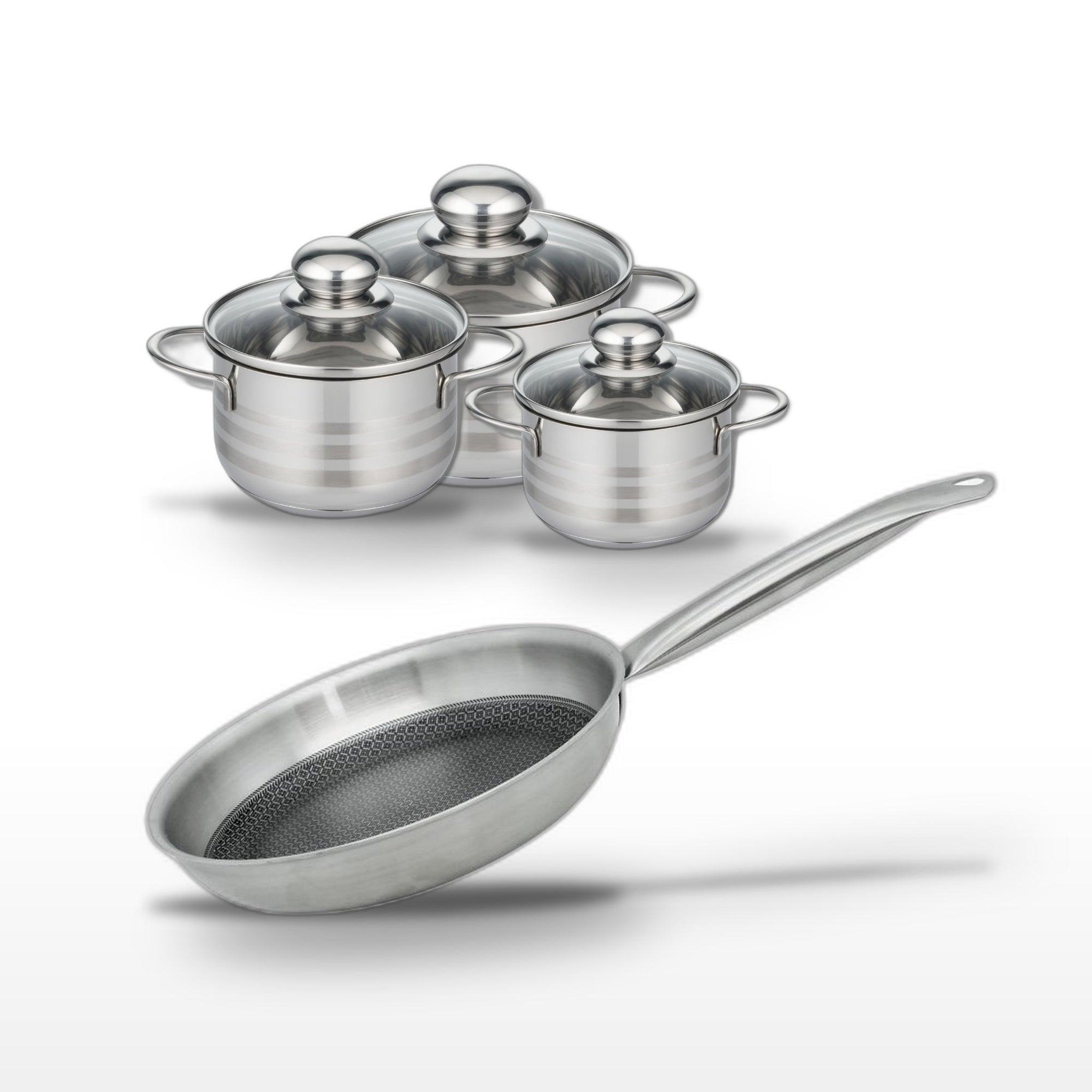ELO Batterie de cuisine avec 3 faitouts 12/14/16 cm et 1 poêle de cuisson 24 cm en inox sans pfas elo collection relief solution brillant
