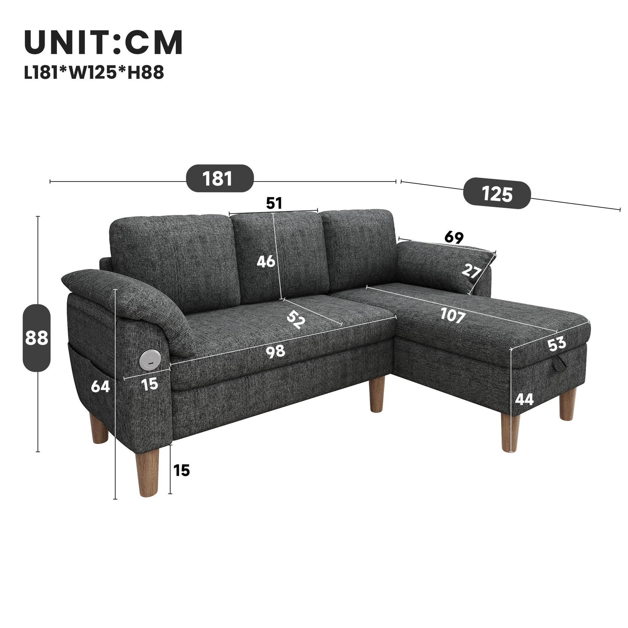 Voir la diapositive 3 : MERAX Canapé d'angle 3 places avec méridienne coffre tissu chenille usb type-c