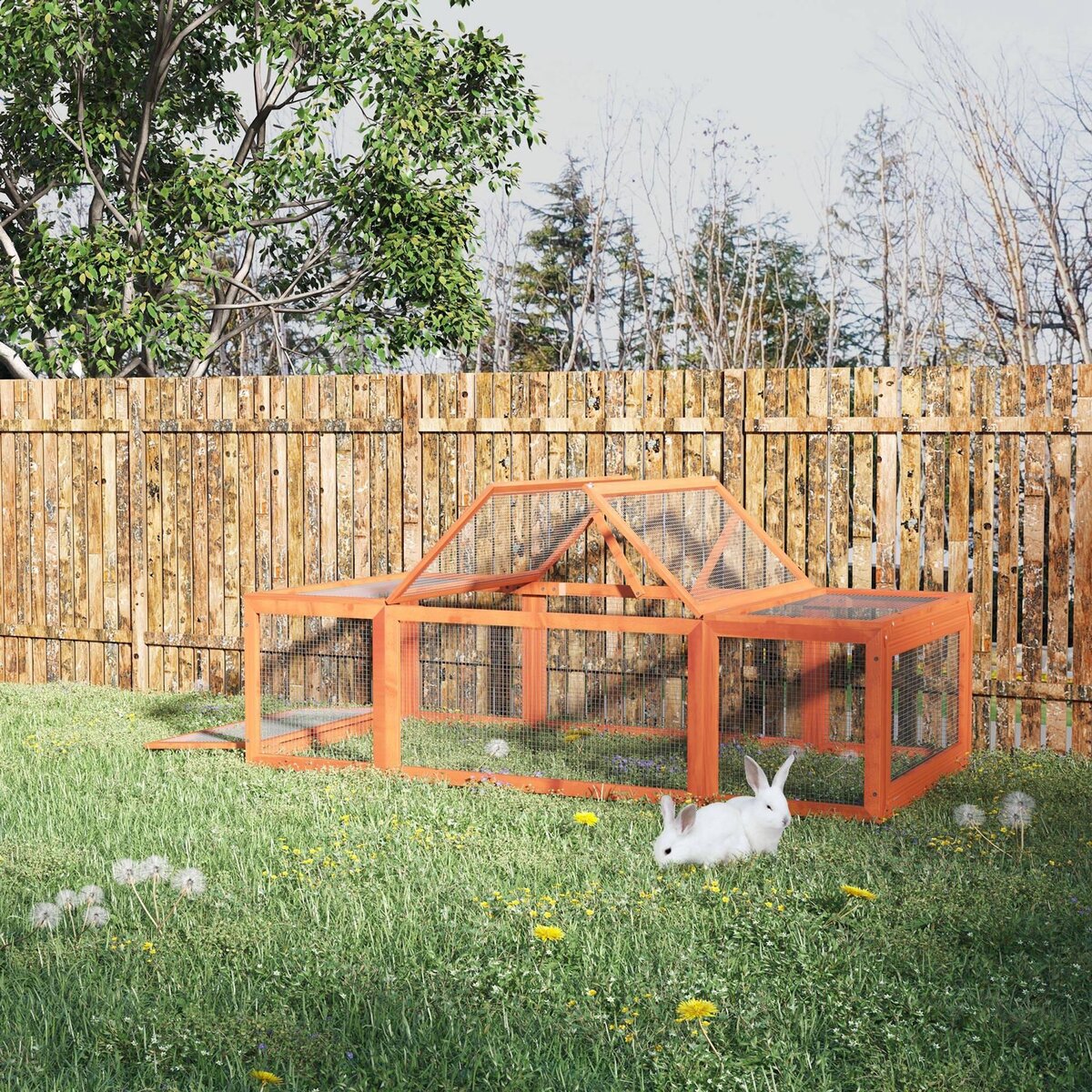 PAWHUT Clapier cage à lapins extérieur intérieur 2 + 1 portes 180 x 90 x 48 cm bois pin pré-huilé