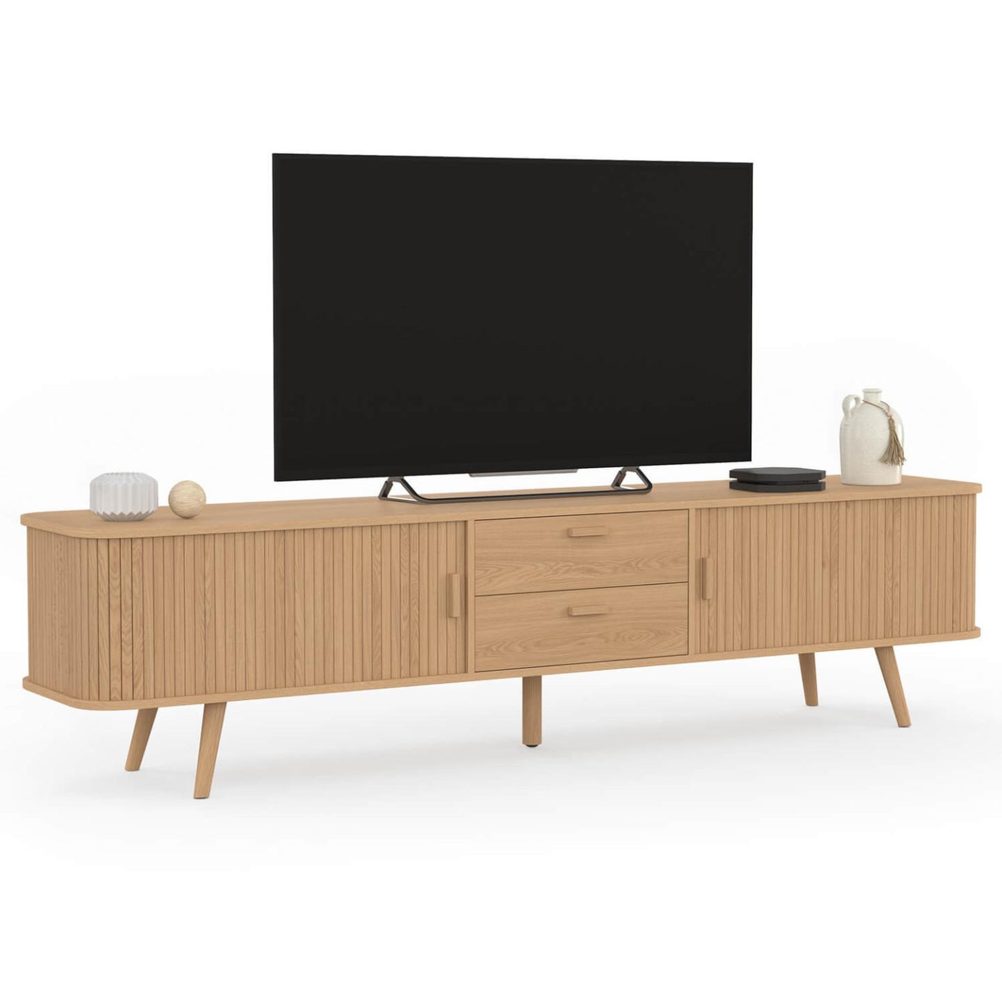ID MARKET Meuble tv 200 cm romie 2 portes coulissantes et 2 tiroirs lattes tasseau bois coloris chêne