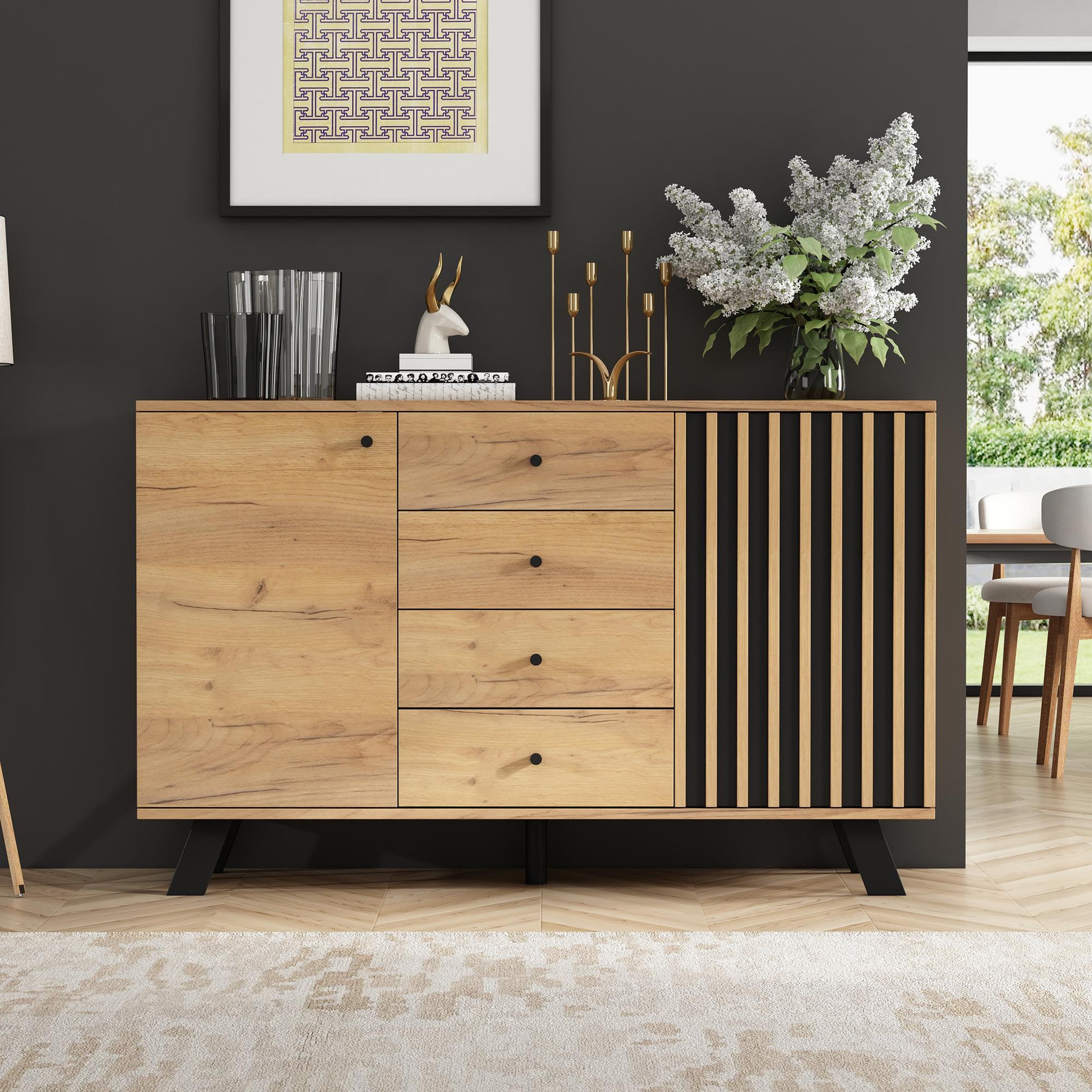 Voir la diapositive 2 : MERAX Buffet 2 porte(s) 4 tiroir(s) - 120 cm naturel mdf