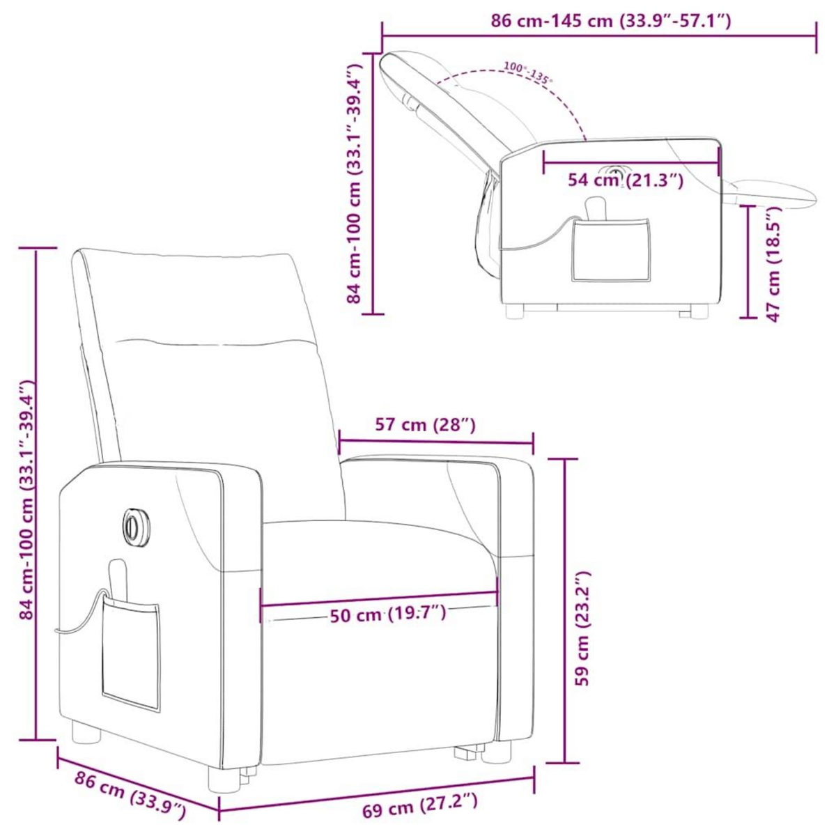 VIDAXL Fauteuil inclinable de massage electrique Noir Tissu