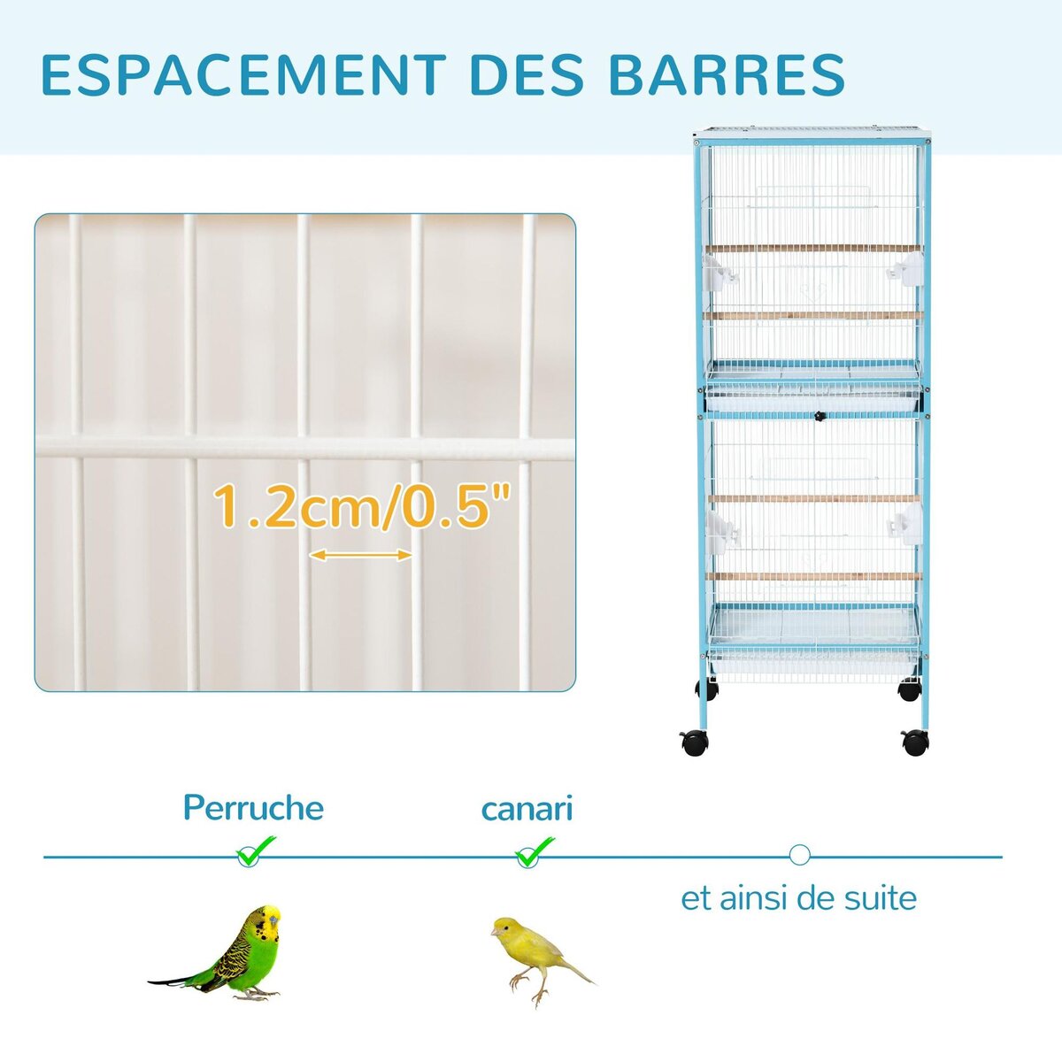 PAWHUT Grande cage à oiseaux sur pied à roulettes - volière double, mangeoires, perchoirs, plateau amovible