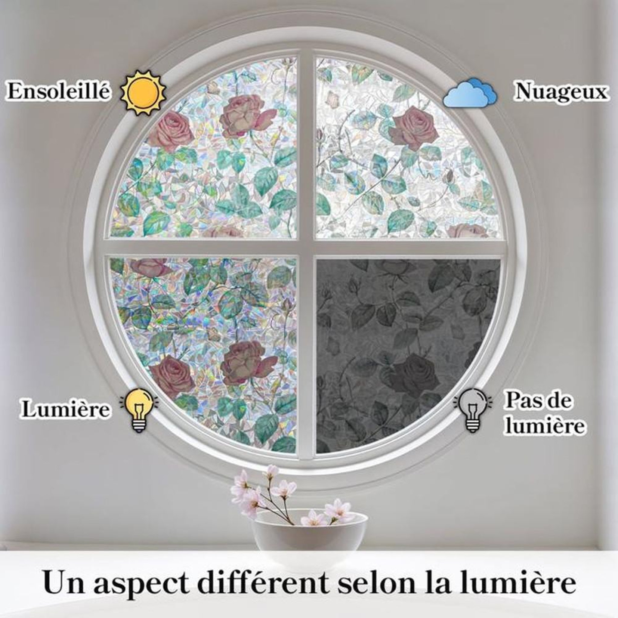 Voir la diapositive 5 : Film fenêtre 3D arc-en-ciel électrostatique sans colle motif roses 45 x 200 cm protection UV intimité