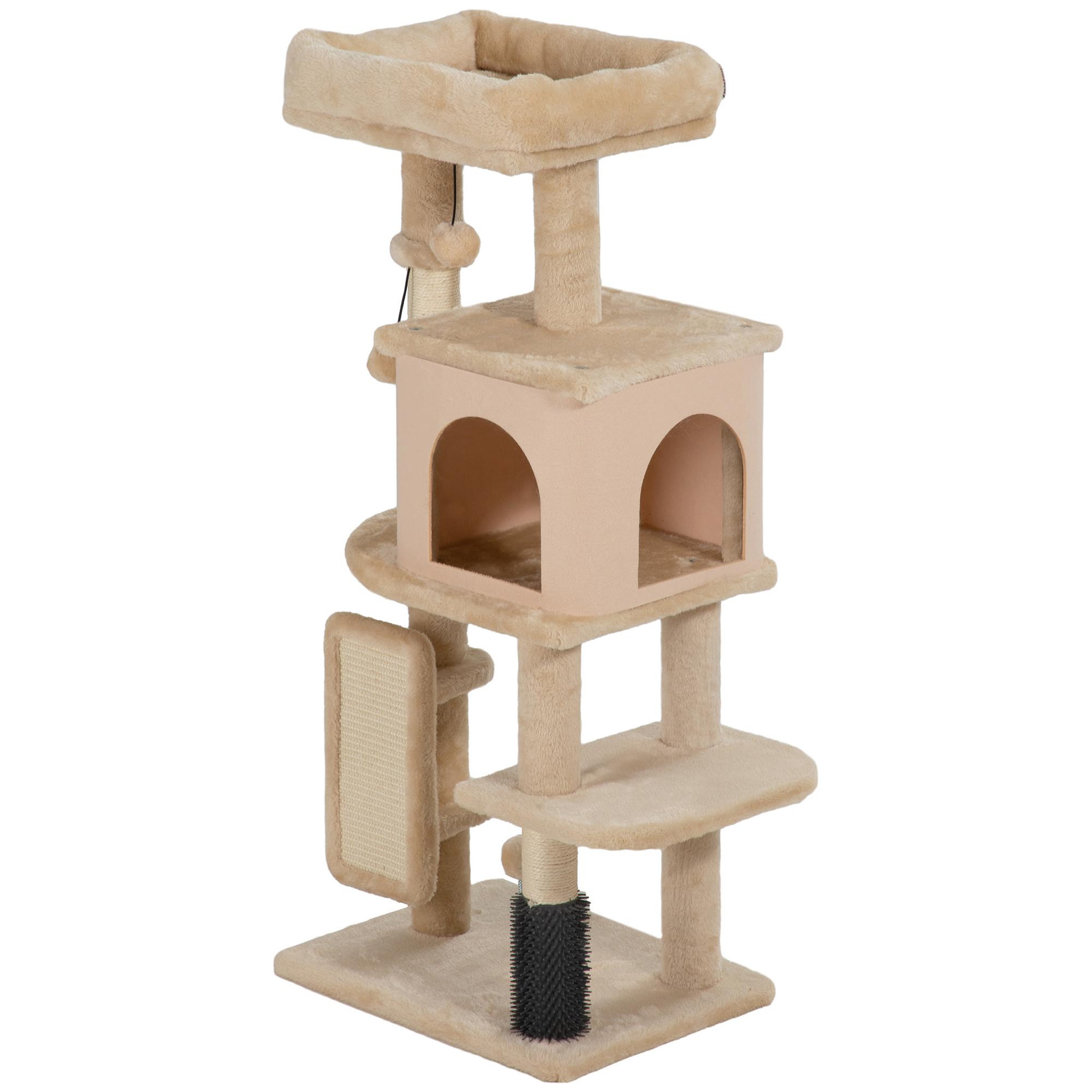 Voir la diapositive 5 : PAWHUT Arbre à chat h.104 cm - griffoir, grattoir, bande massante, jeux boules, niche, plateforme observation - beige