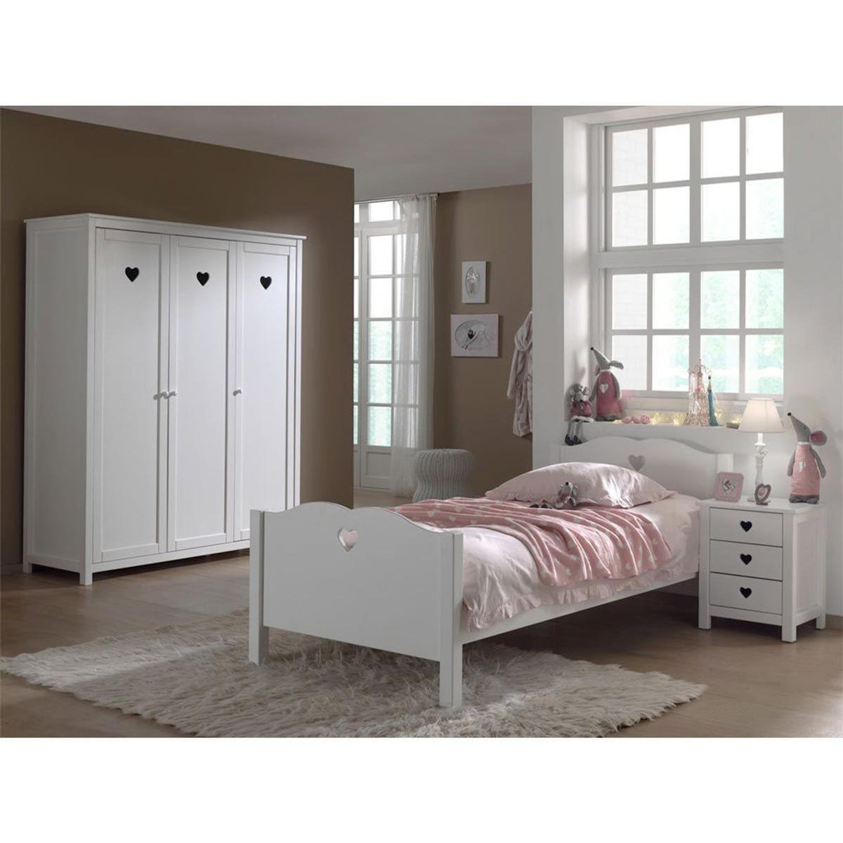 Paris Prix Pack - Lit Enfant, Sommier, Chevet & Armoire 3 Portes  Amori  90x200cm Blanc