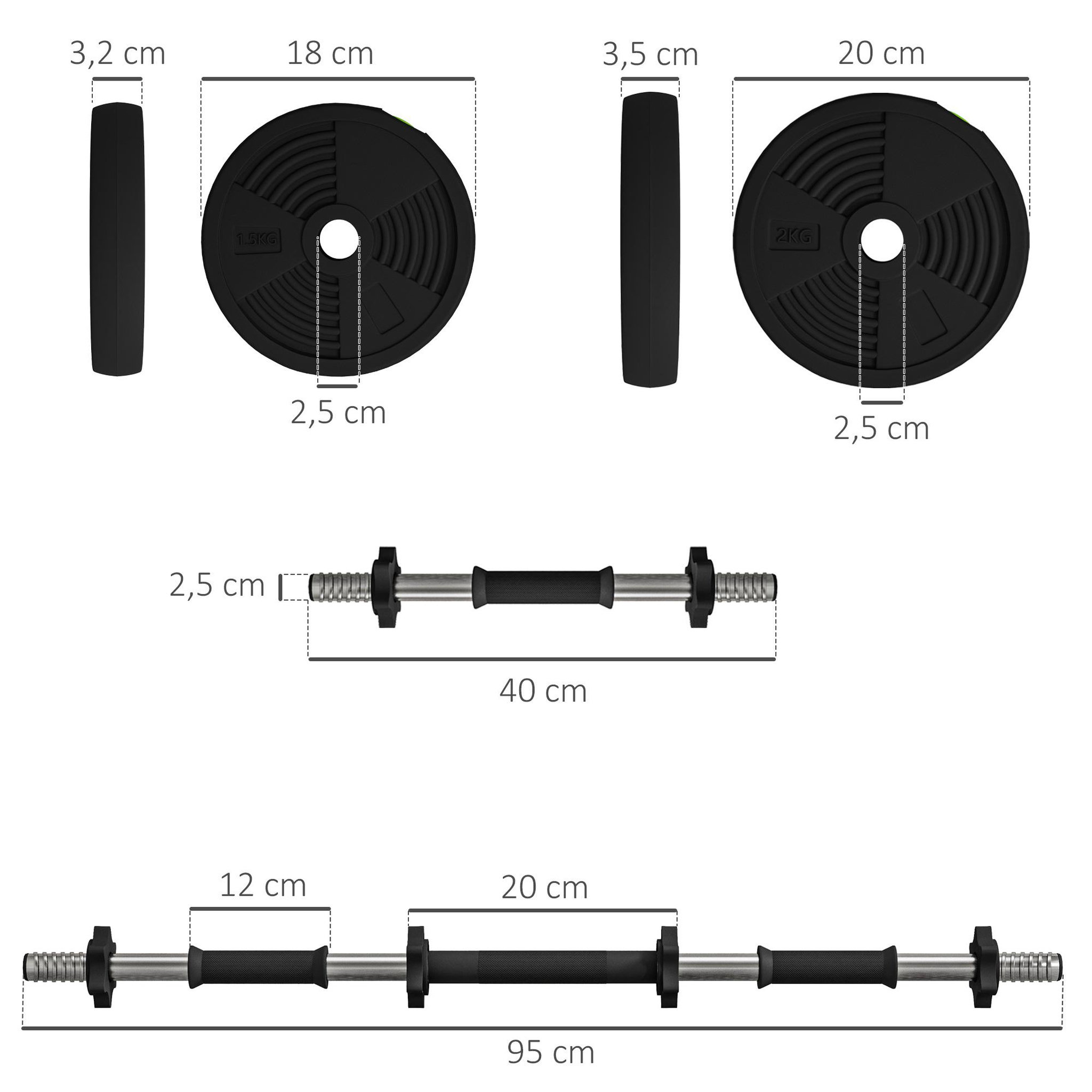 Voir la diapositive 3 : HOMCOM Haltères 2 en 1 réglables - haltères libres 15 kg - barres incluses - entraînement musculaire & haltérophilie - noir vert