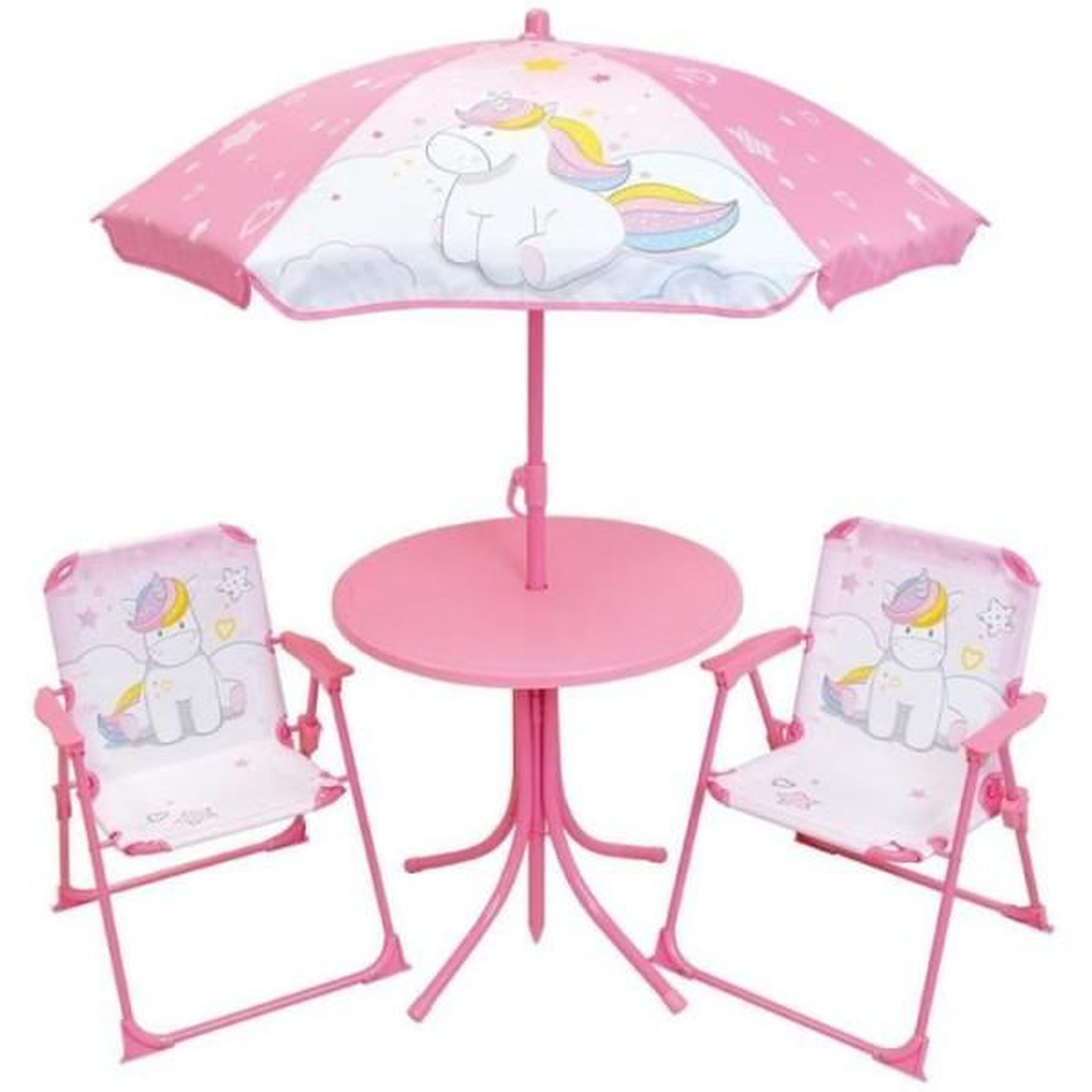 Fun House Mobilier de jardin - fun house - salon de jardin licorne : table h.46 x 46 cm, 2 chaises pliantes, parasol h.125 x�100 cm