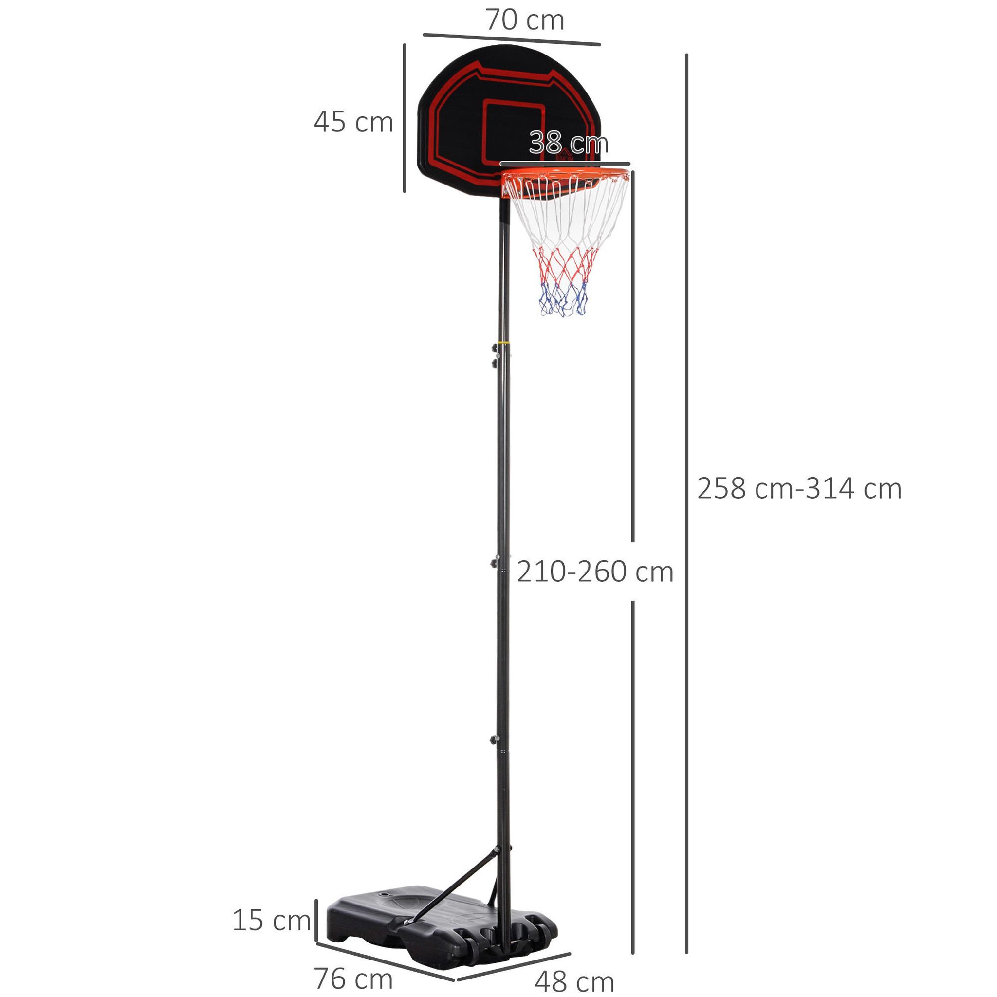 Voir la diapositive 3 : HOMCOM Panier de Basket-Ball sur pied avec poteau panneau - base de lestage sur roulettes - hauteur réglable 5 niveaux 2,45-2,95 m - acier HDPE noir rouge