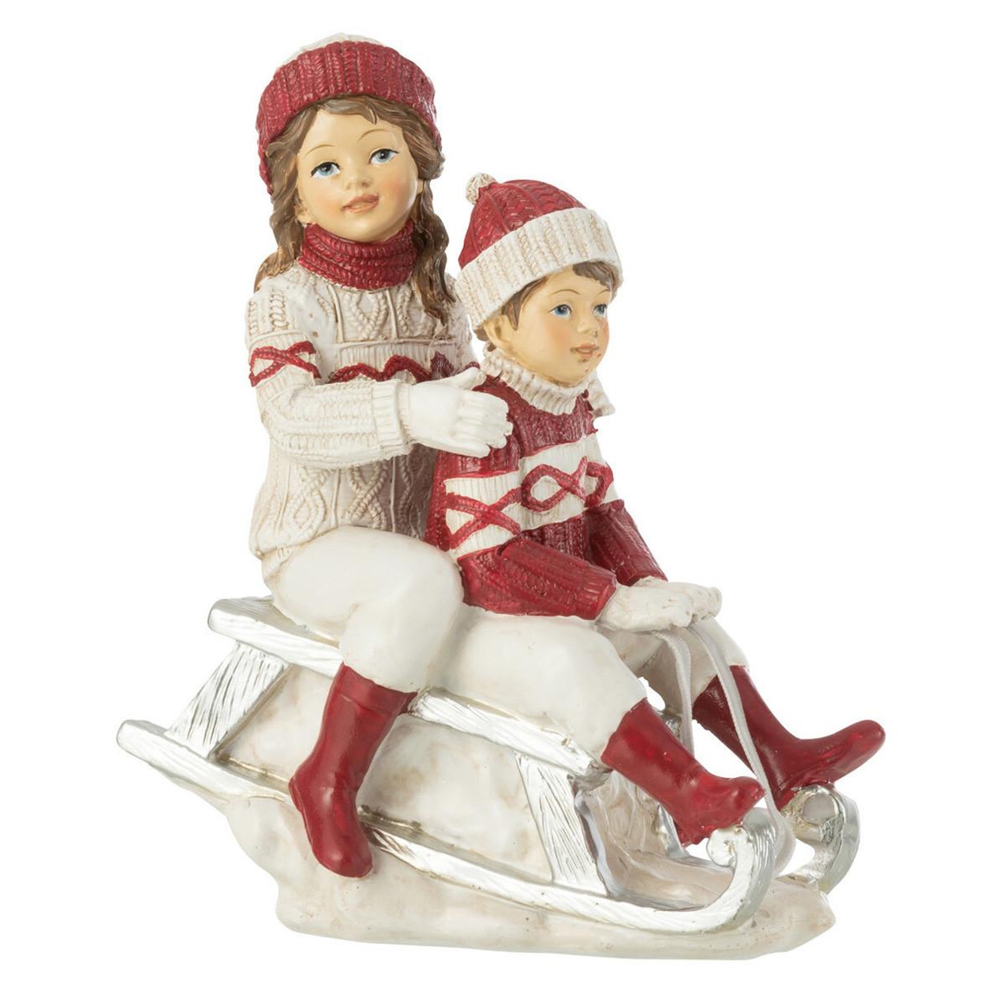 J-LINE Statuette déco  fille & garçon traîneau  16cm blanc