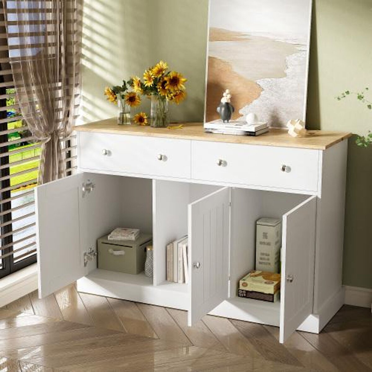 MERAX Buffet 3 porte(s) 2 tiroir(s) - 120 cm blanc panneau de particules