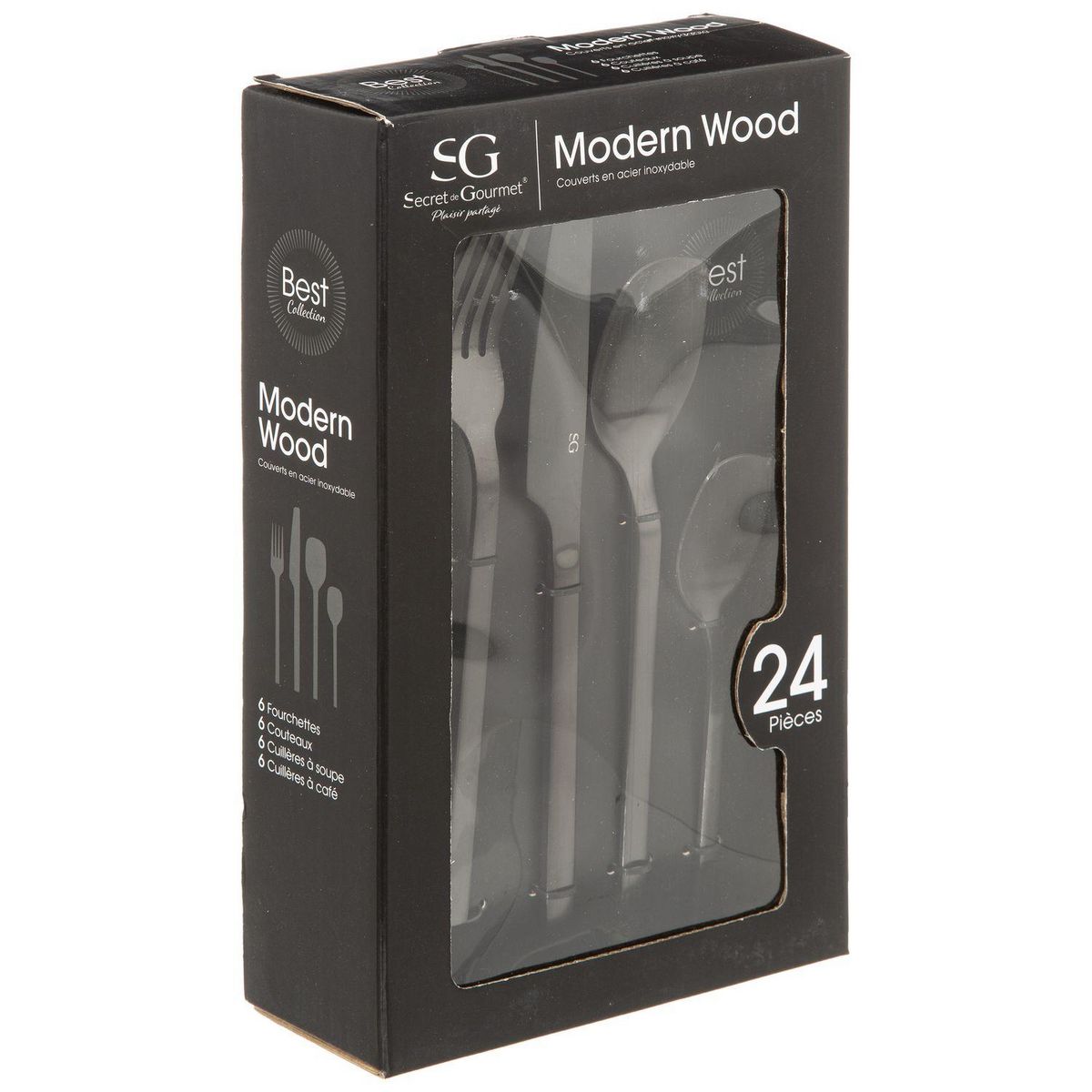 SECRET DE GOURMET Ménagère Modern Wood en Acier inoxydable - 24 pièces - Noir Mat