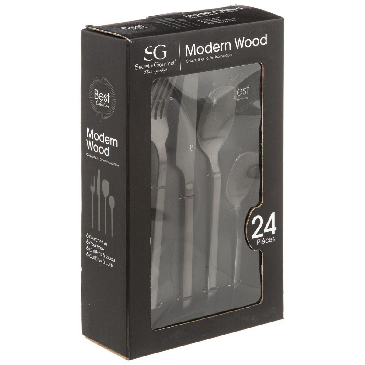 SECRET DE GOURMET Ménagère Modern Wood en Acier inoxydable - 24 pièces - Noir Mat