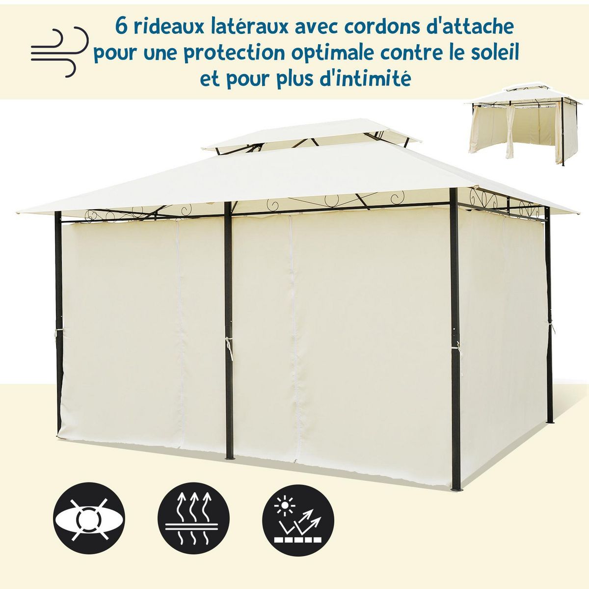 OUTSUNNY Tonnelle barnum pavillon de jardin style colonial double toit toiles latérales amovibles 3L x 4l x 2,65H m crème