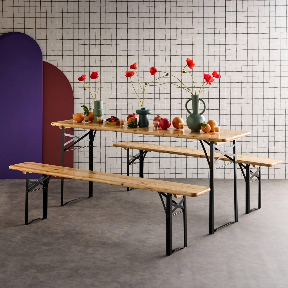 SWEEEK Table en bois 180cm avec 2 bancs – BAYONNE – Esprit brasserie. pliable. 6 personnes