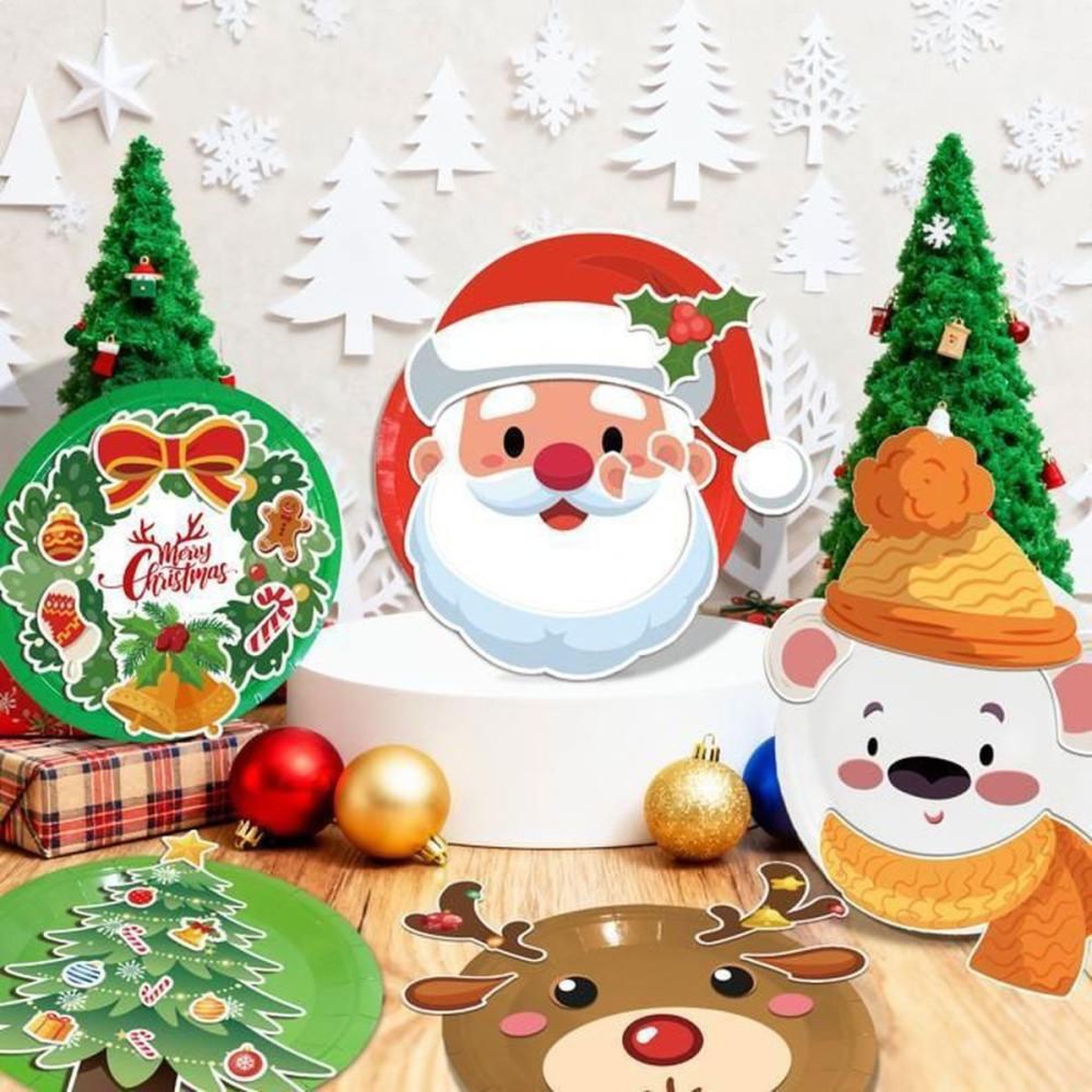 Voir la diapositive 4 : Kit stickers décoration table de Noël pour assiettes, 51 pièces, motifs personnages et sapin, rubans adhésifs double face inclus