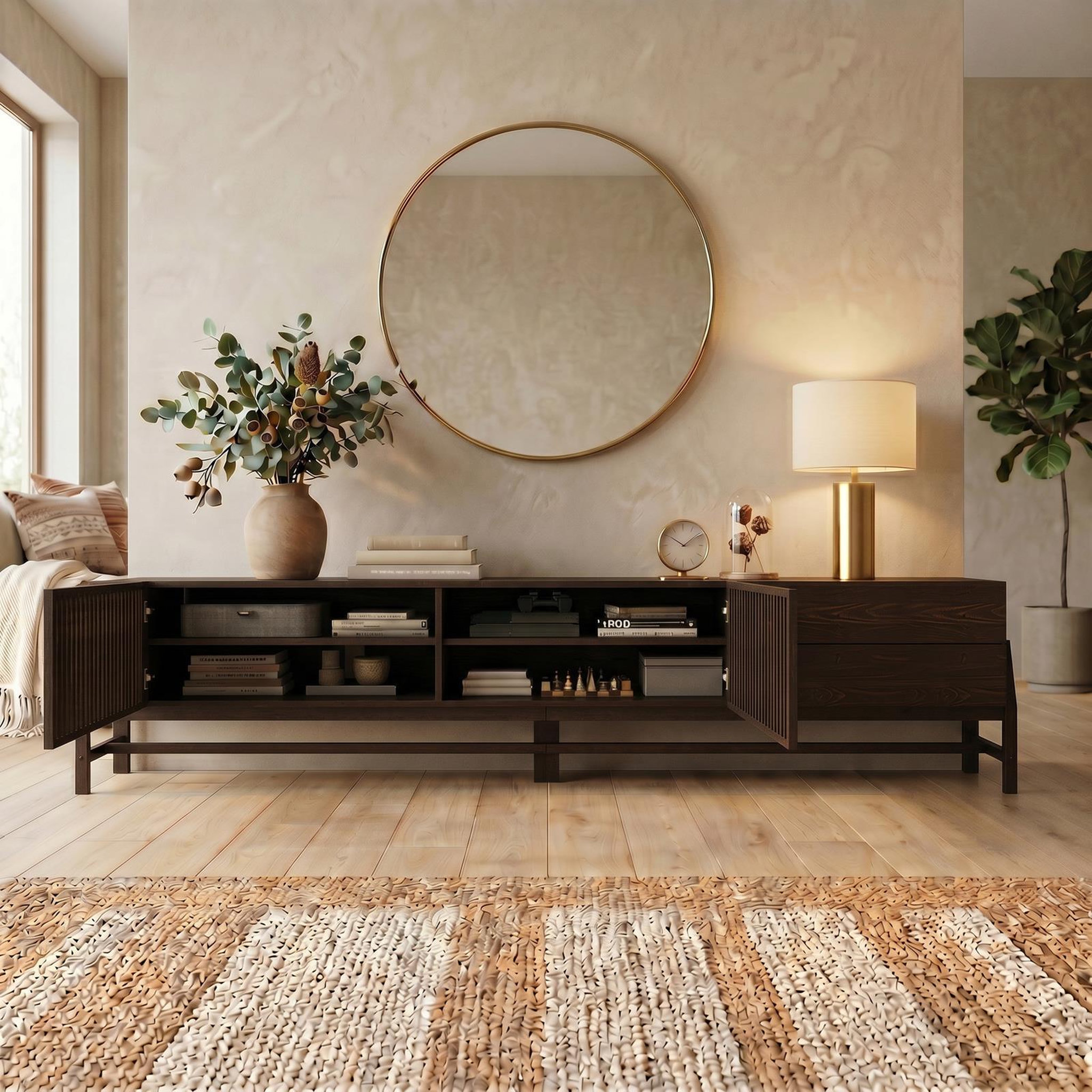 Voir la diapositive 4 : IDIMEX Meuble tv adamo l 220 cm 2 portes, 2 tiroirs en bois massif