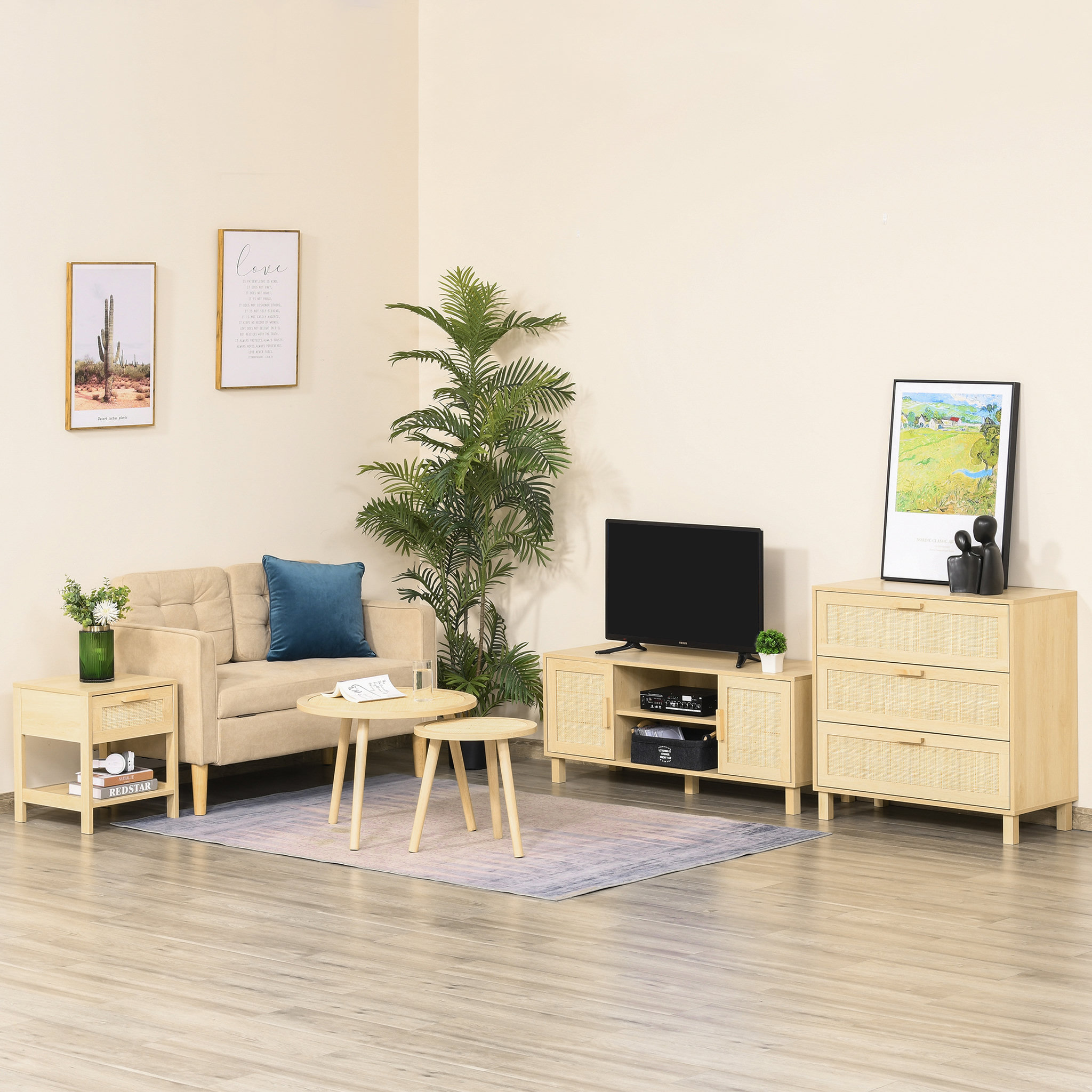Voir la diapositive 5 : HOMCOM Commode 3 tiroirs cannage en rotin dim. 80L x 40l x 80H cm MDF aspect bois clair