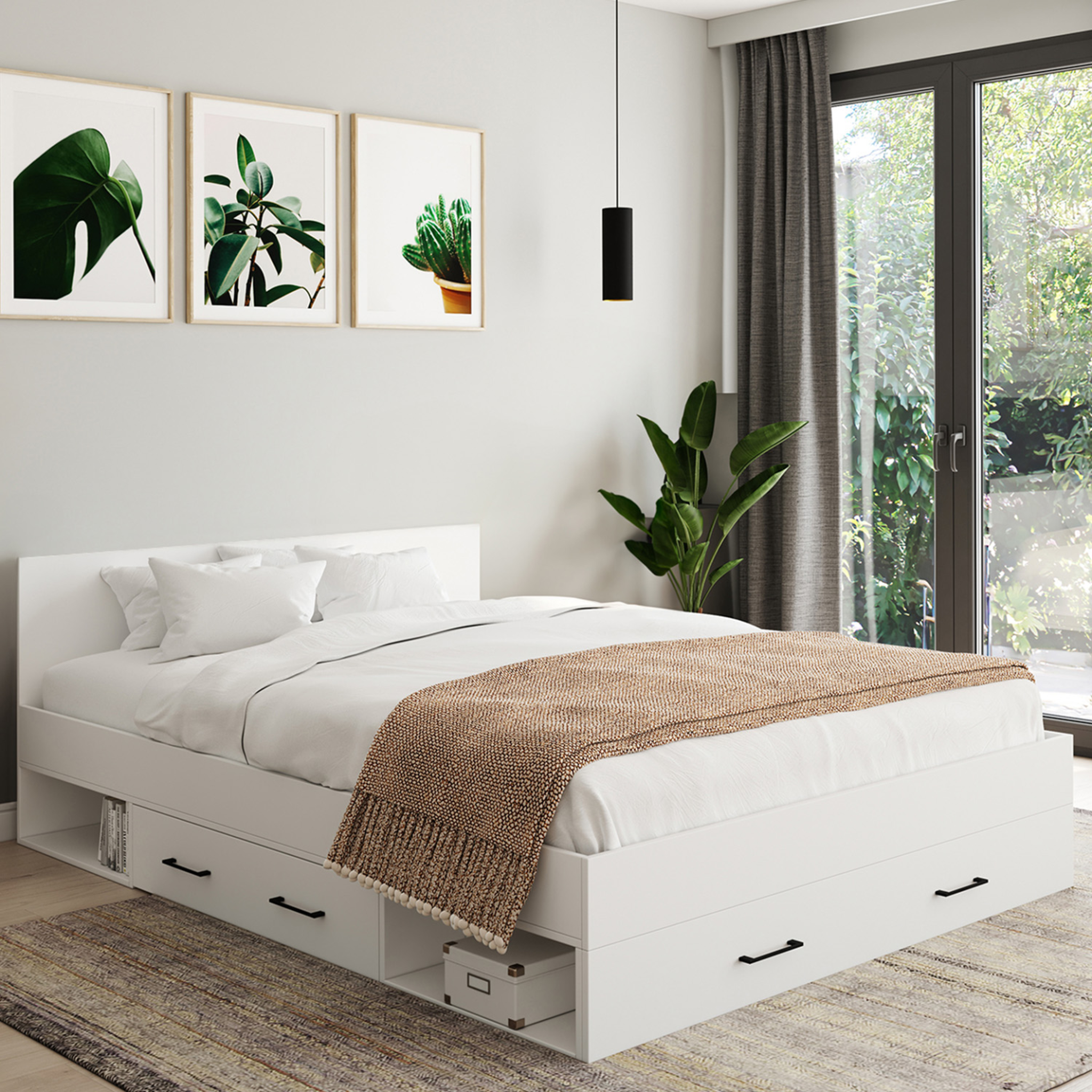 Voir la diapositive 2 : ID MARKET Lit double minea avec tiroirs + niches de rangement + tête de lit et sommier 140 x 190 cm blanc