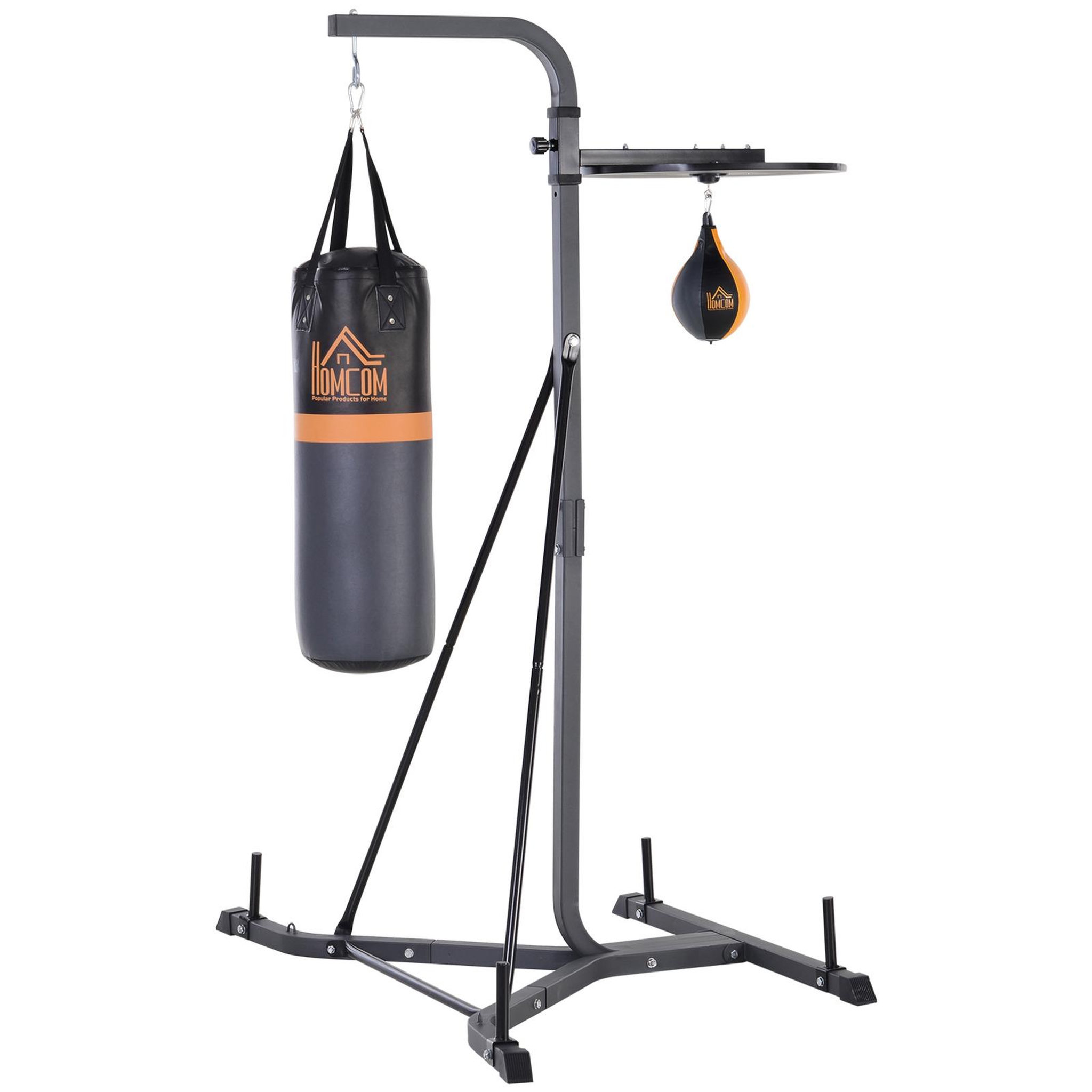 HOMCOM Portique sac de frappe plateforme station de boxe complète avec sac de frappe + poire de vitesse hauteur réglable 5 niveaux pompe à air fournie acier noir gris