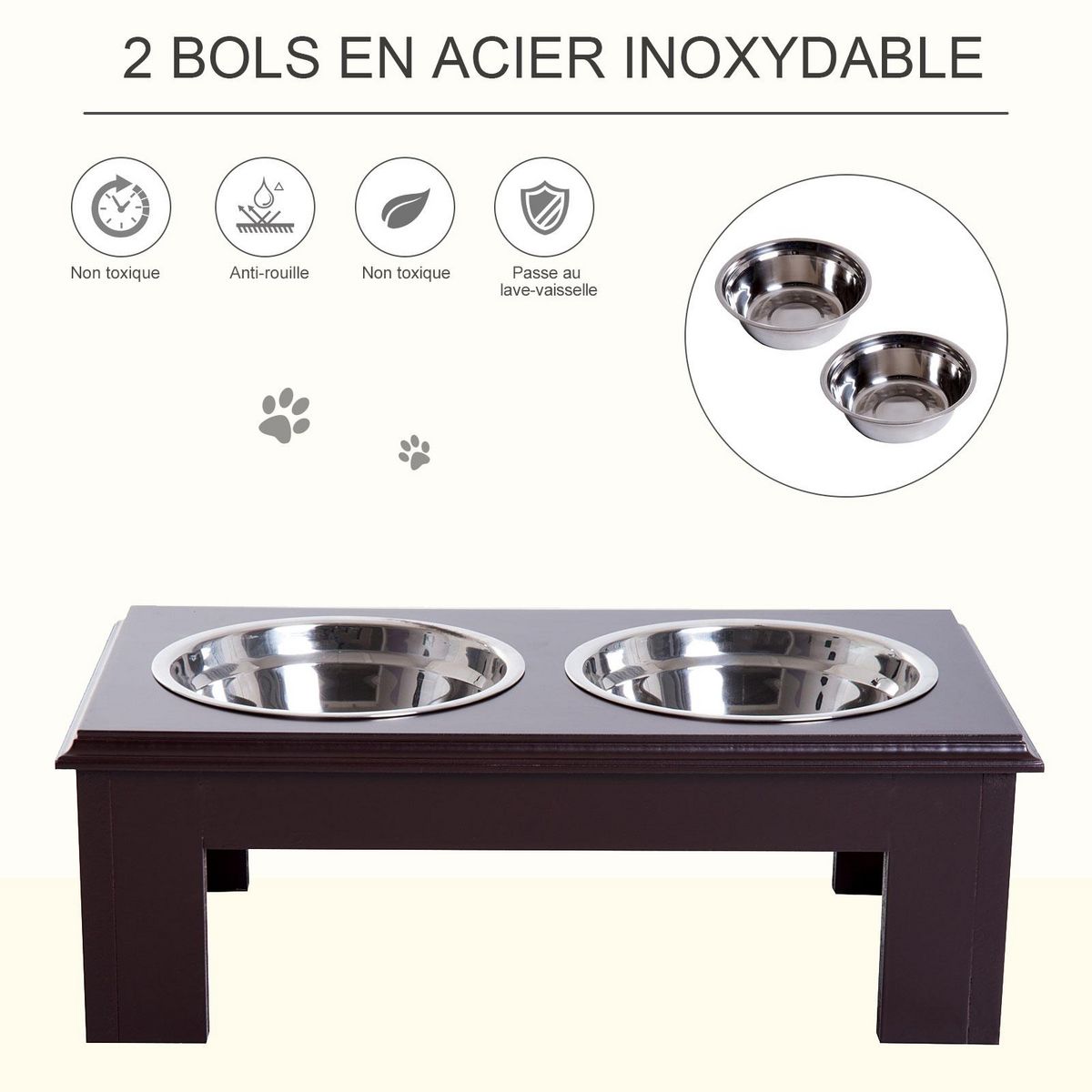 PAWHUT Gamelle double chien chat Porte-gamelles surélevé dim. 44L x 24l x 15H cm 2 gamelles acier inox. incluses MDF