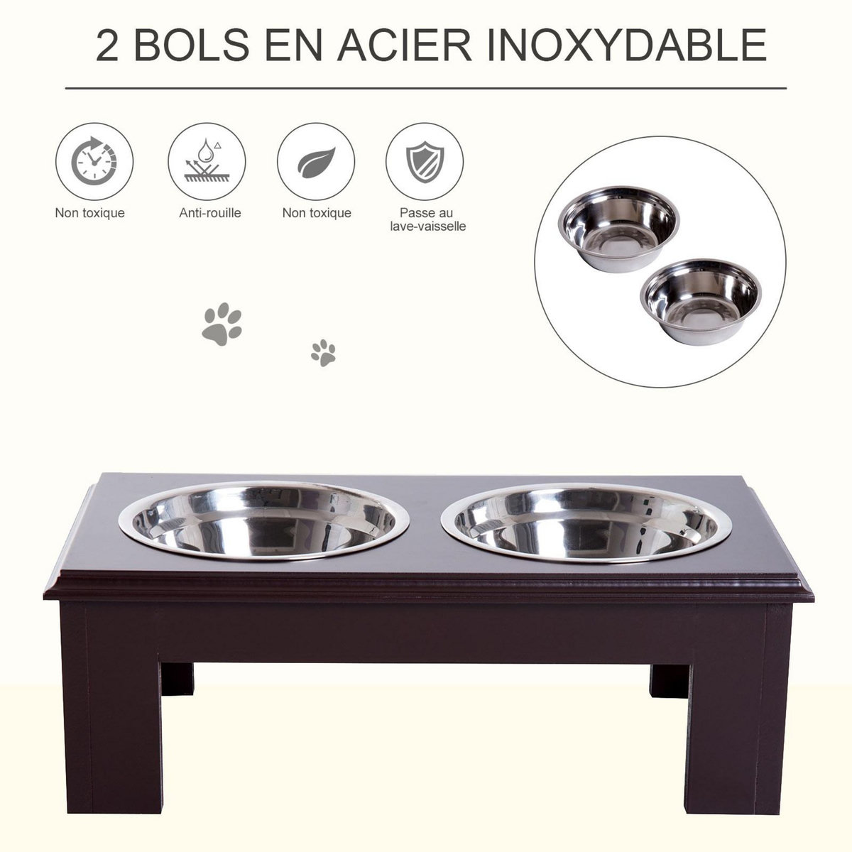 PAWHUT Gamelle double chien chat Porte-gamelles surélevé dim. 44L x 24l x 15H cm 2 gamelles acier inox. incluses MDF