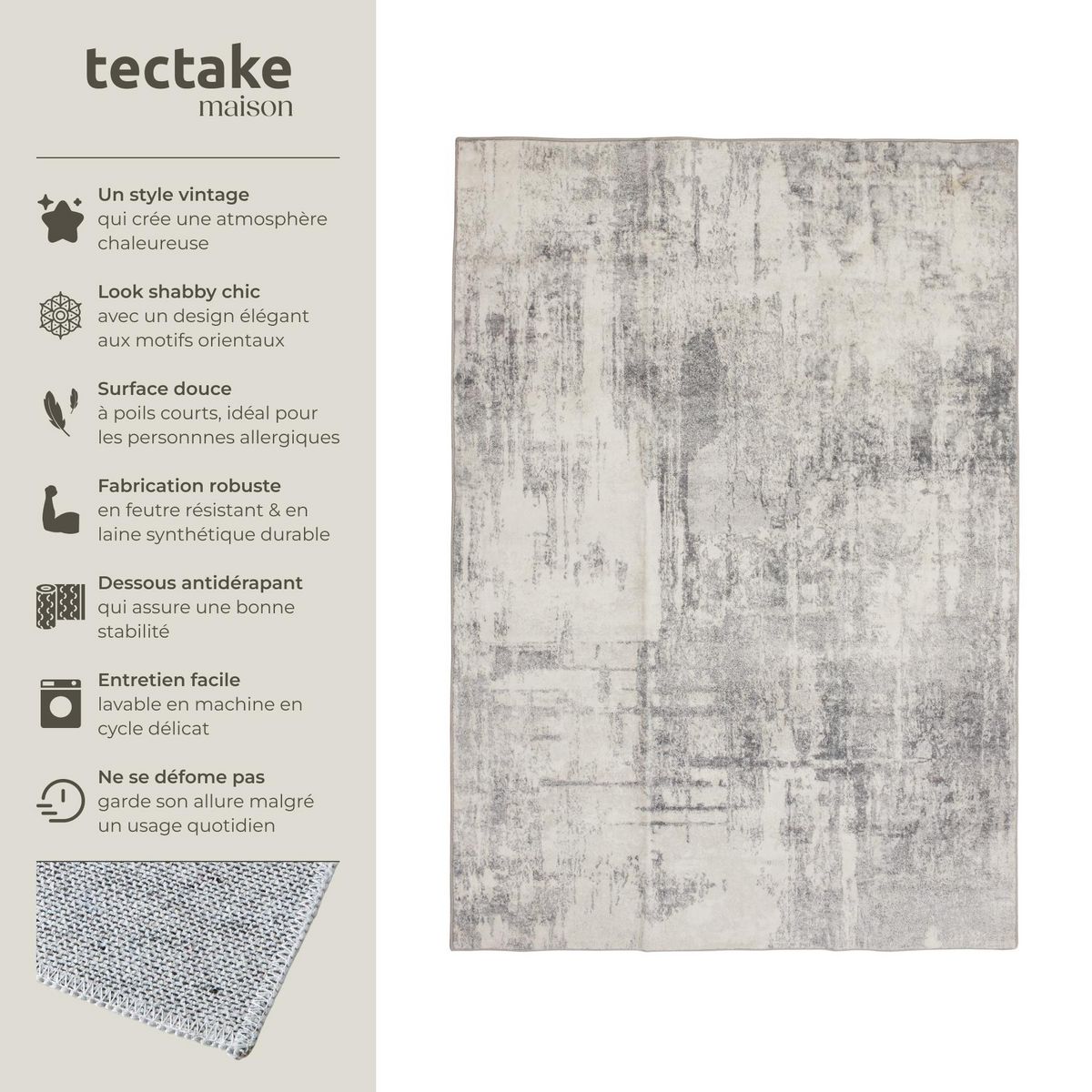 tectake Tapis design vintage à poils courts en laine synthétique et feutre beige/gris 120 x 170 cm