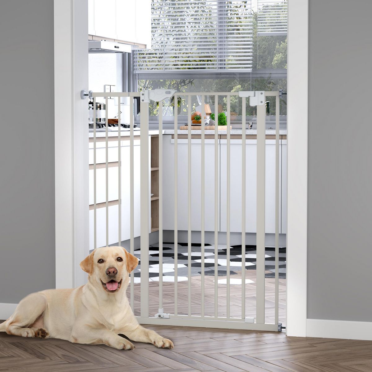 PAWHUT Barrière de sécurité longueur réglable dim. 74-84 cm ou 92-102 cm sans perçage métal plastique blanc