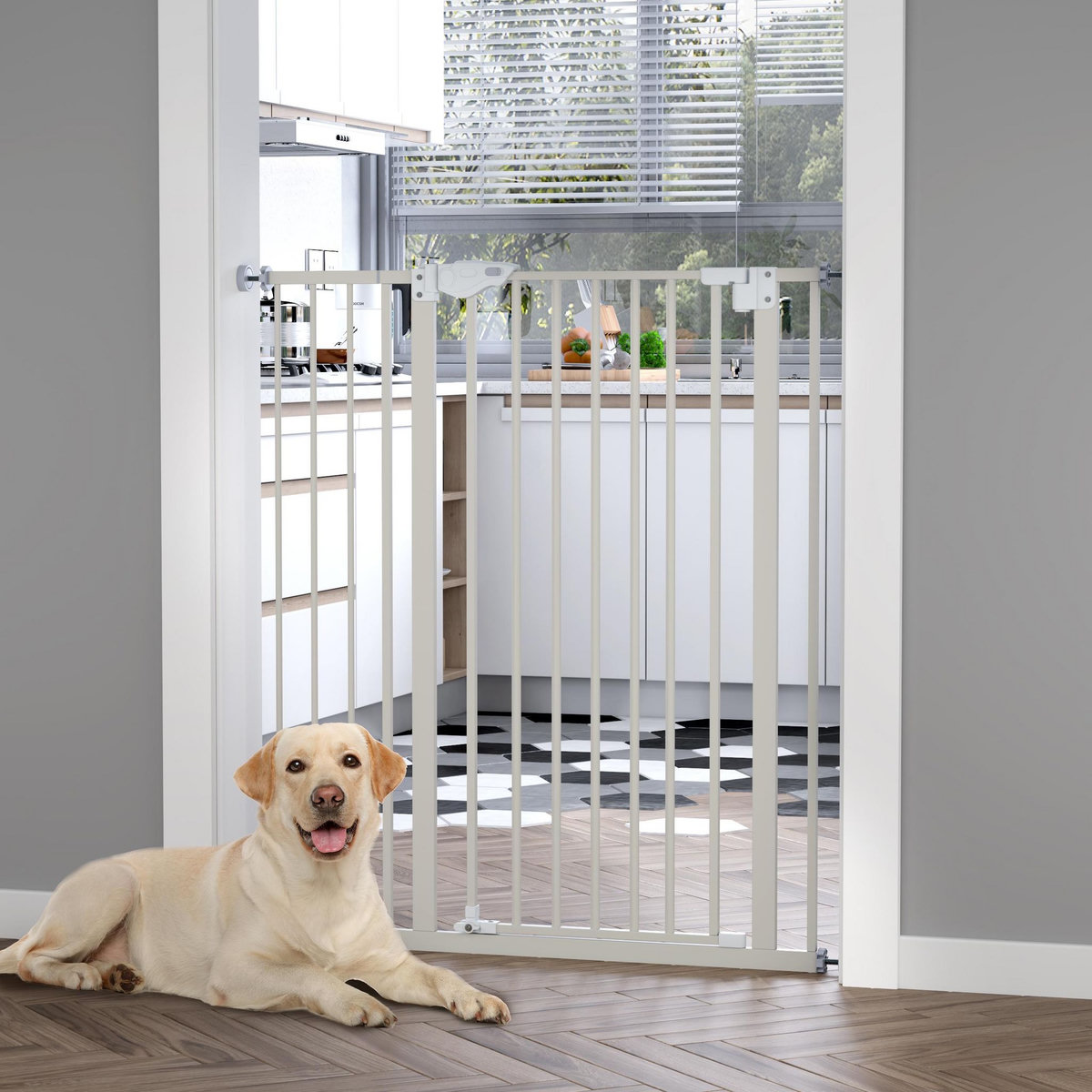 PAWHUT Barrière de sécurité longueur réglable dim. 74-84 cm ou 92-102 cm sans perçage métal plastique blanc