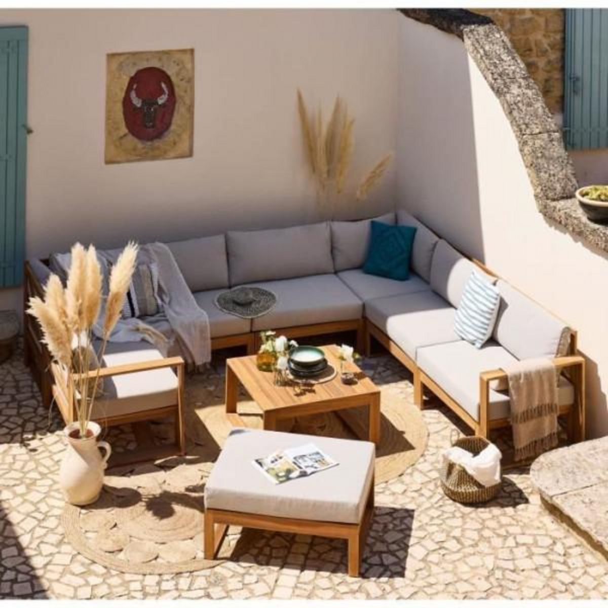 BOCARNEA Salon de jardin d'angle modulable - Bois d'acacia - 9 personnes - LEVATA XXL - Lin + Housse