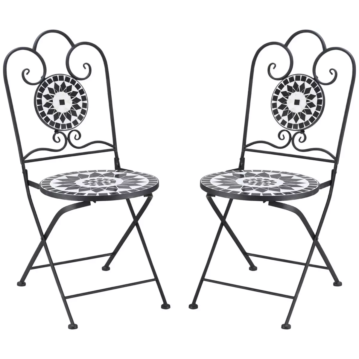 OUTSUNNY Lot de 2 chaises de jardin pliables style fer forgé mosaïque céramique motif rose des vents métal époxy noir blanc
