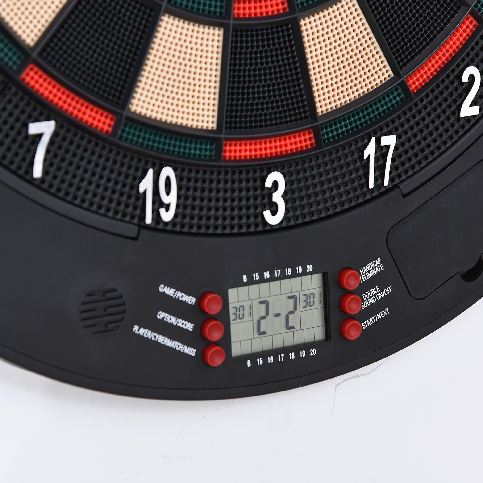 Voir la diapositive 4 : HOMCOM Cible jeu de fléchettes électronique refermable 26 jeux jusqu'à 8 joueurs affichage LCD haut-parleur noir