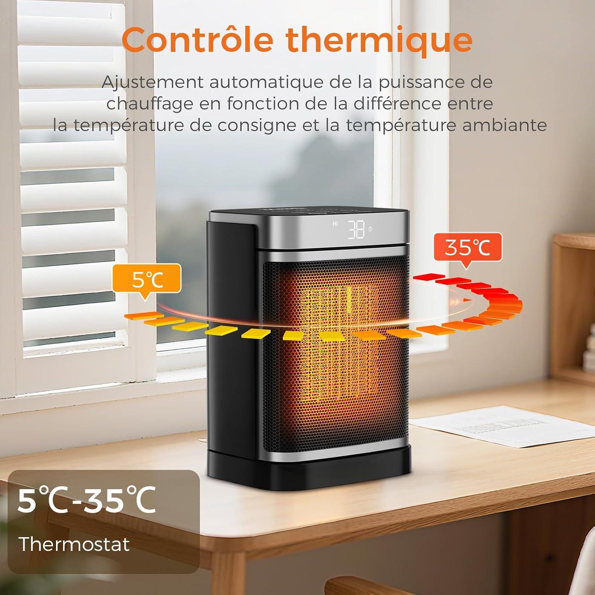 Voir la diapositive 4 : YASHE Chauffage soufflant 1500 W, thermostat, télécommande