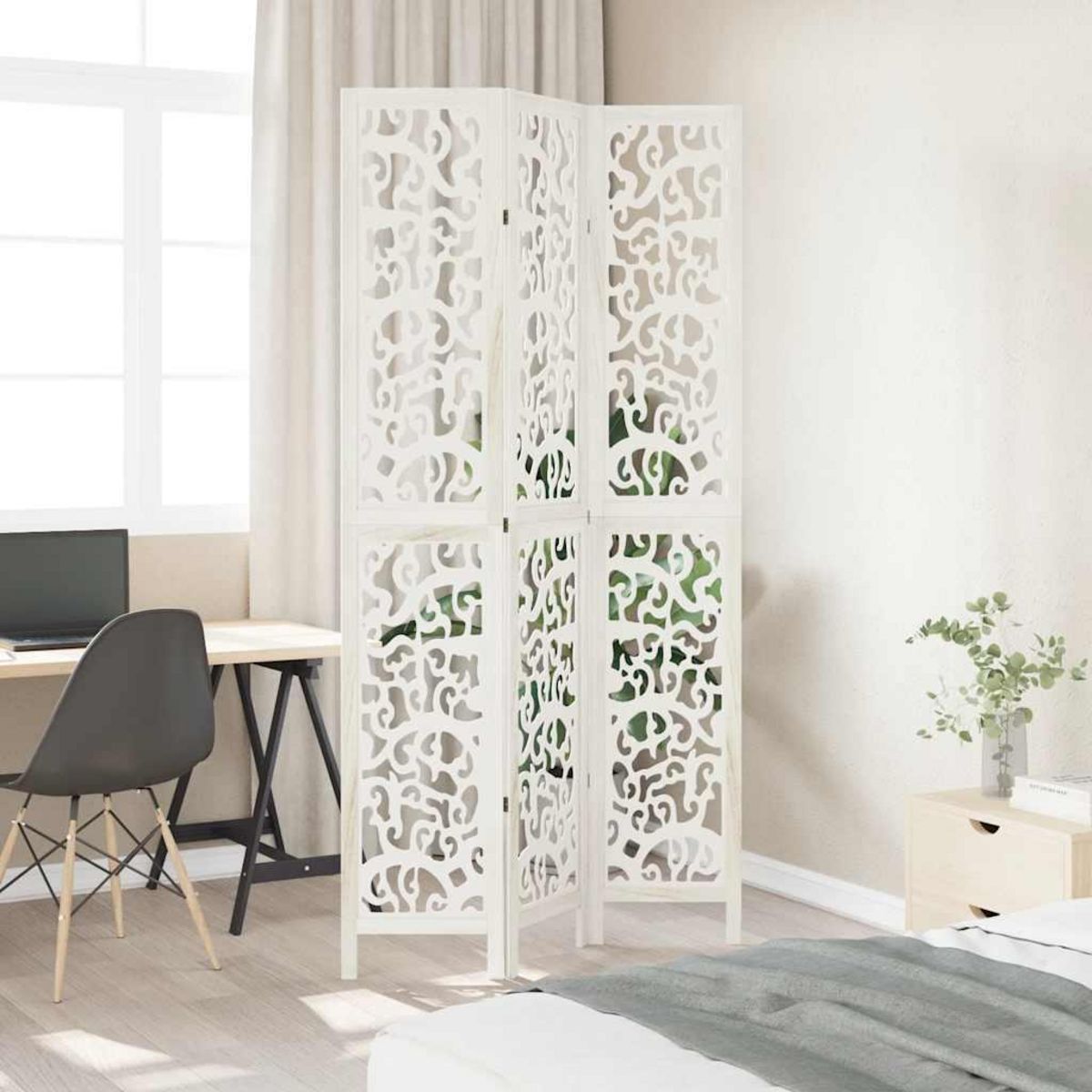 VIDAXL Cloison de separation 3 panneaux blanc bois de paulownia massif