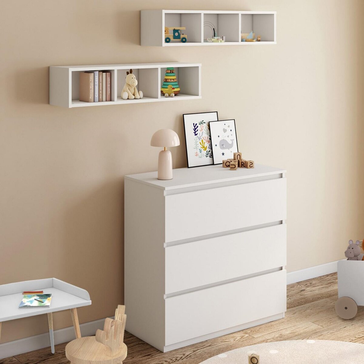 ID MARKET Commode à langer évolutive AMBRE blanc 3 tiroirs table à langer et 2 étagères amovibles