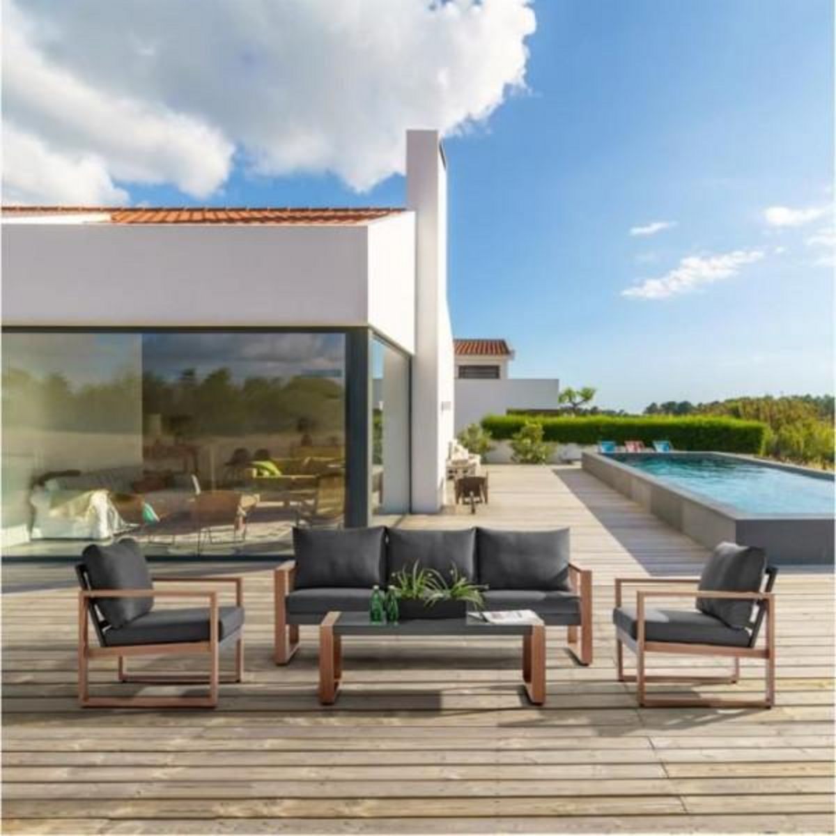 MARKET24 Salon bas de jardin en aluminium effet bois avec coussins - 5 personnes - PUERTO - Gris