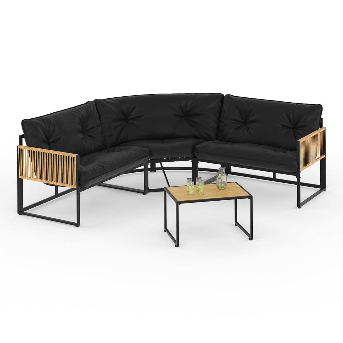 ID MARKET Salon de jardin bas RIO 6 places salon d'angle structure métal et cordage effet rotin avec coussin noir
