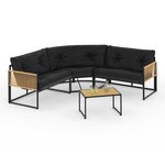 ID MARKET Salon de jardin bas RIO 6 places salon d'angle structure métal et cordage effet rotin avec coussin noir