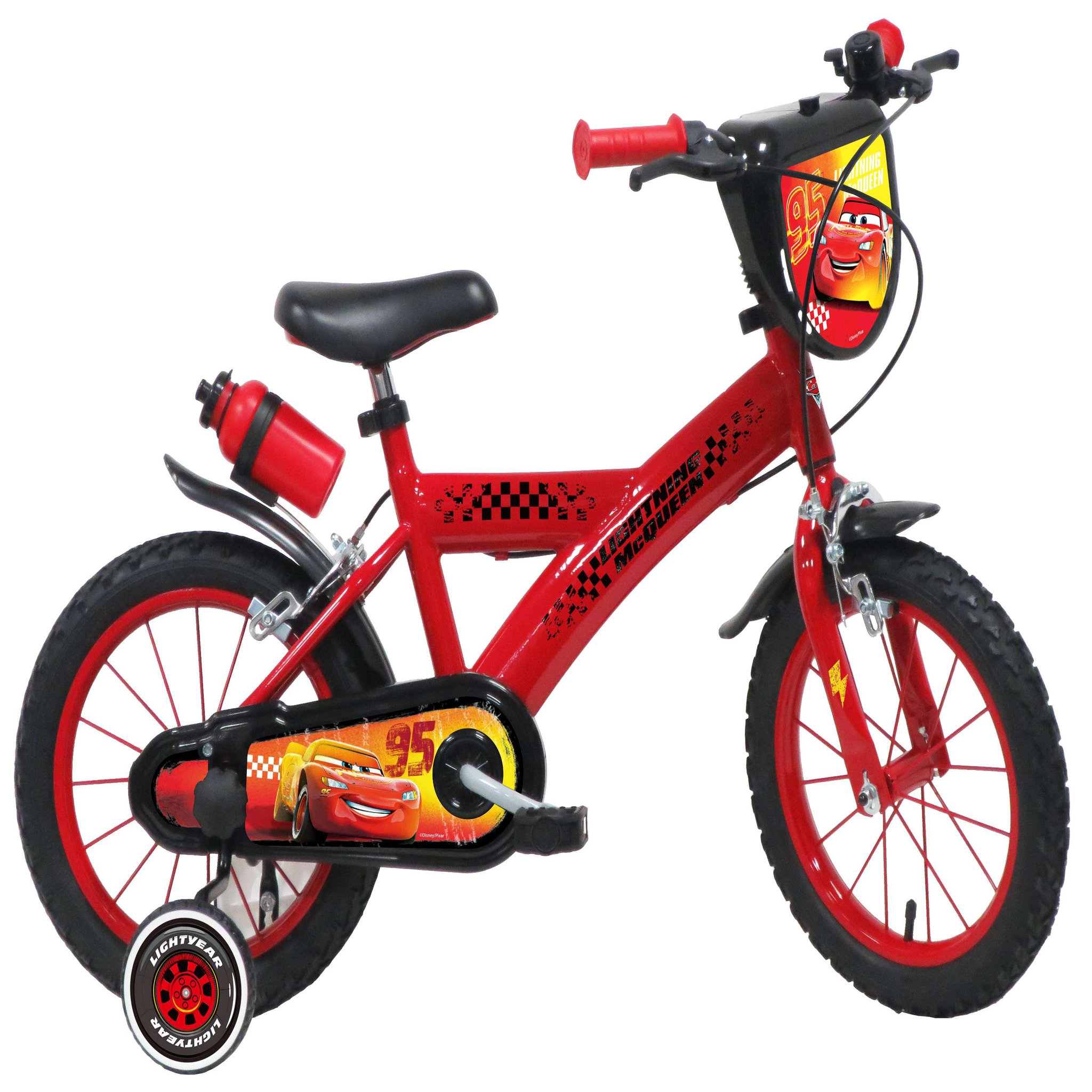 Voir la diapositive 1 : Disney Cars Vélo enfant - Modèle 14'' Cars pour enfant de 95/110 cm avec stabilisateurs - Plaque décorative avant - Porte bidon - 2 freins et pneus gonflables